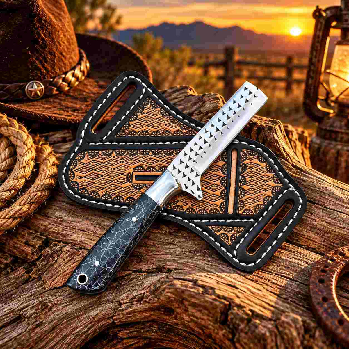 Custom Handmade Horse Rasp Stainless Steel 7-Inch Western Cowboy Bull Cutter with Stone Handle & Leather Sheath