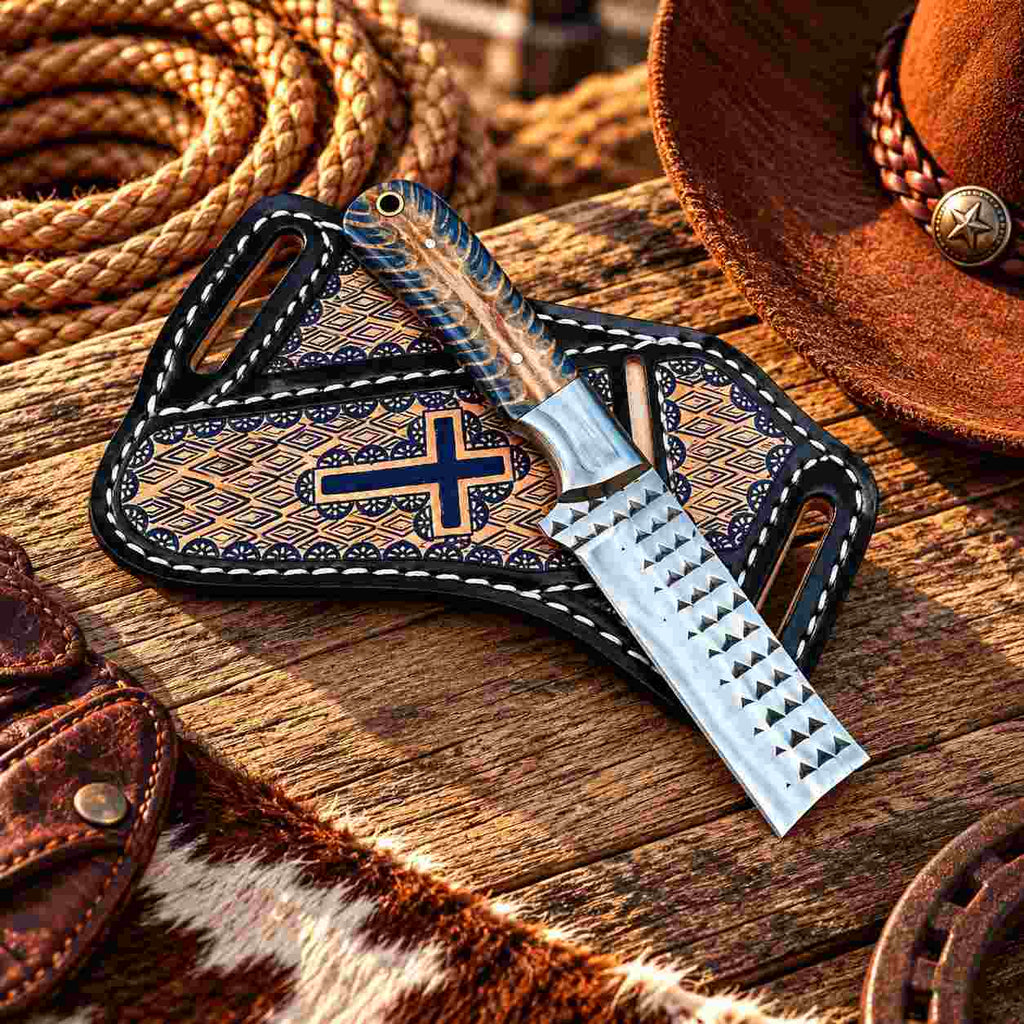 Custom Handmade 6.5-Inch Horse Rasp Stainless Steel Bull Cutter Knife with Resin Pinecone Handle & Leather Sheath