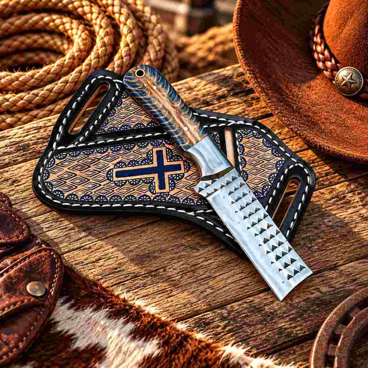 Custom Handmade 6.5-Inch Horse Rasp Stainless Steel Bull Cutter Knife with Resin Pinecone Handle & Leather Sheath
