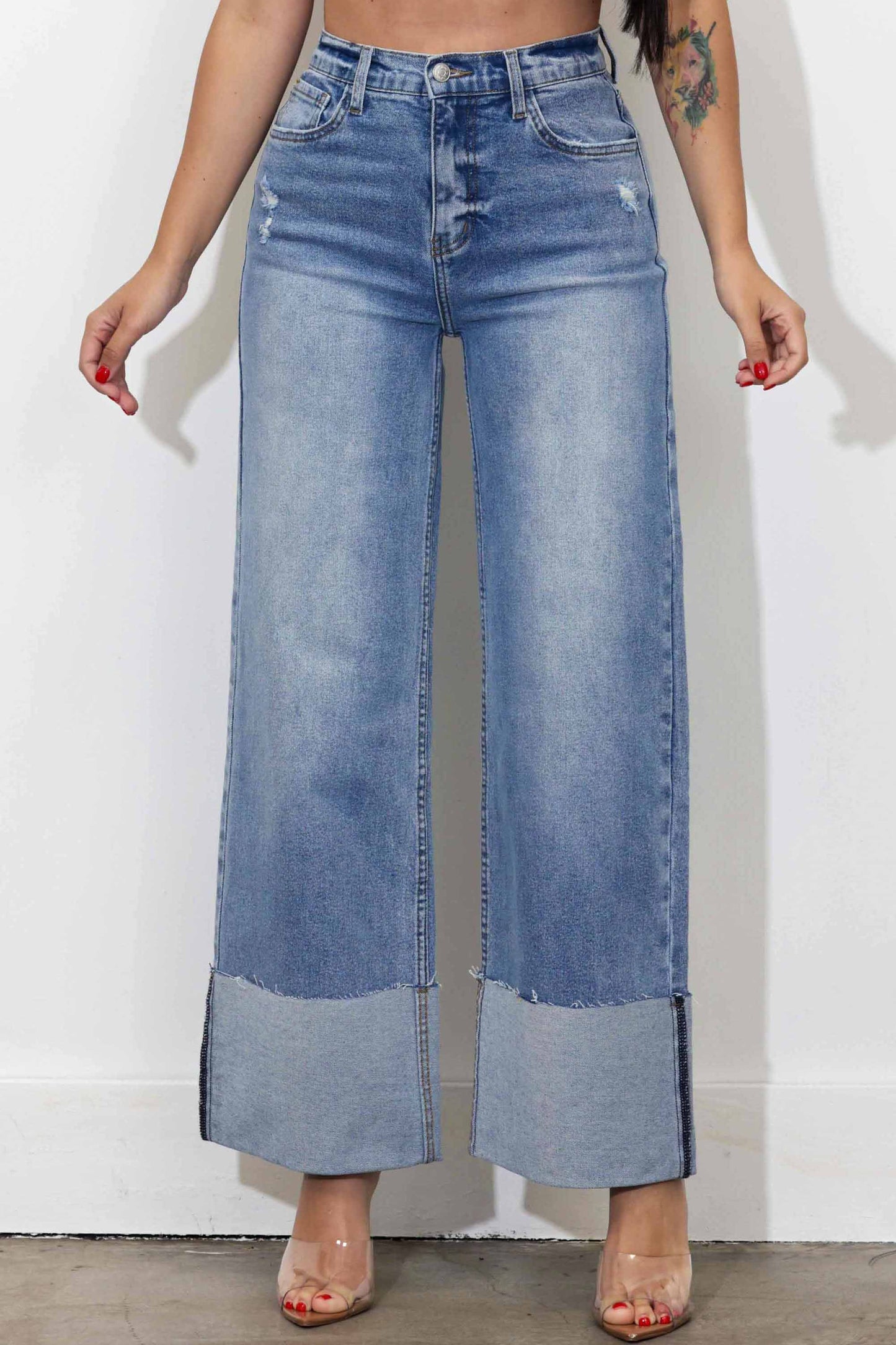 Cuff Up Wide Leg Jeans