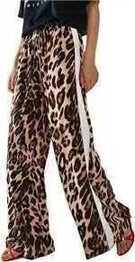 Leopard Print Colorblock Side Striped Wide Leg Pants