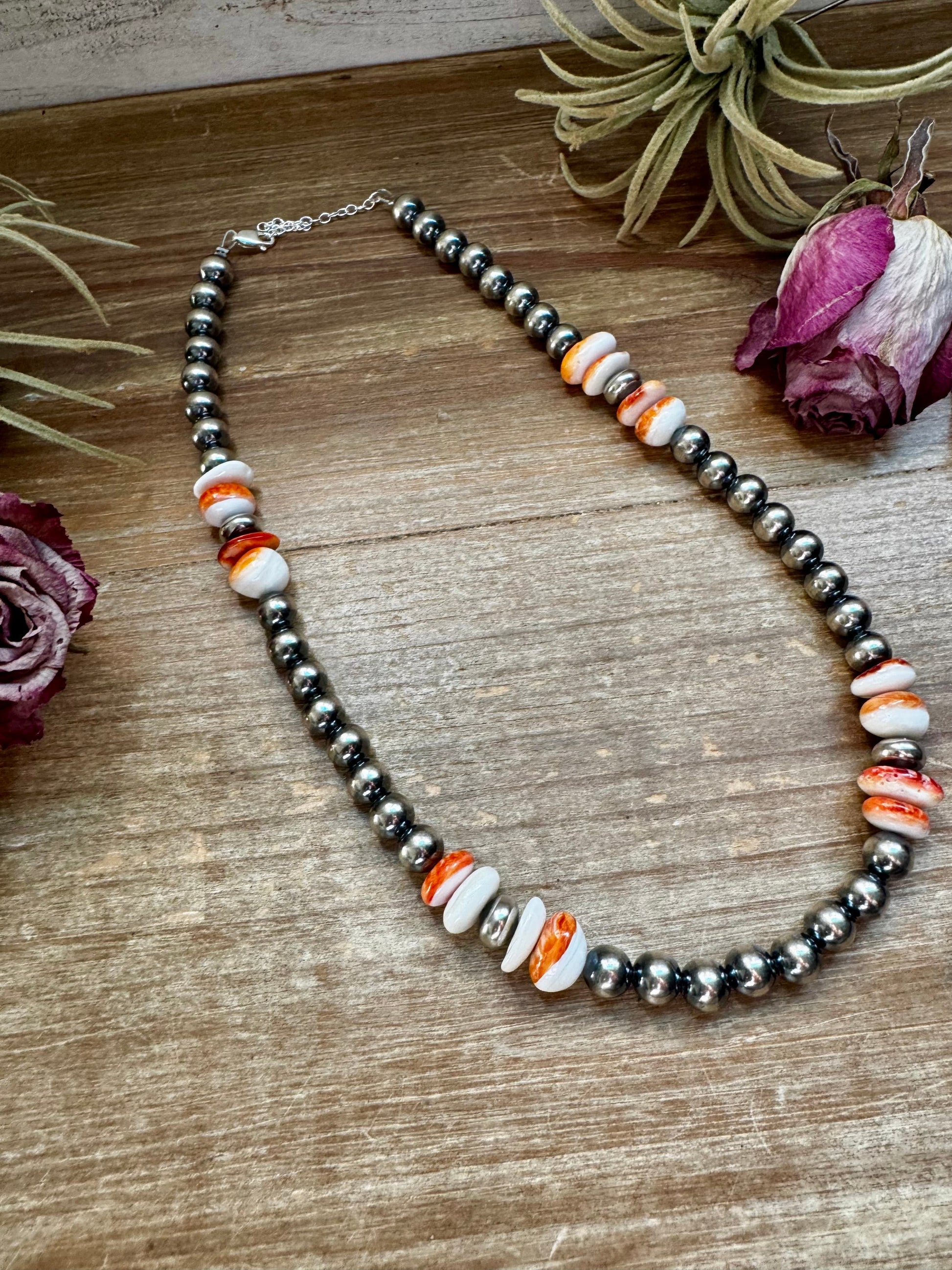 Spiny Oyster &amp; Sterling Silver Pearl Necklace – 8mm – Handmade by The Bijoux FAB – 17.5"