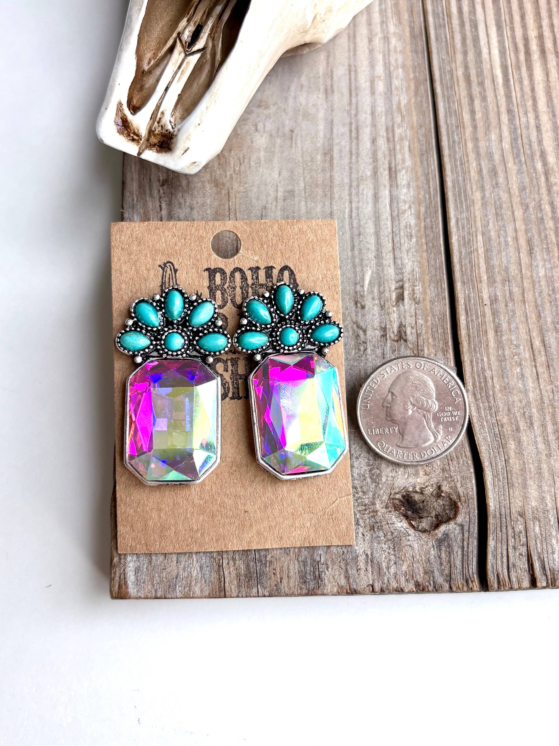 Squash Blossom Stone & Octagon Glass Stone Stud Earrings