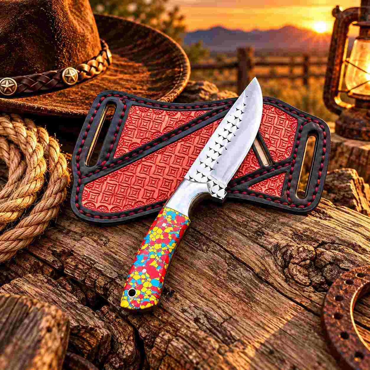 Custom Handmade Horse Rasp Stainless Steel 4-Inch Western Cowboy Skinner with Stone Handle & Leather Sheath