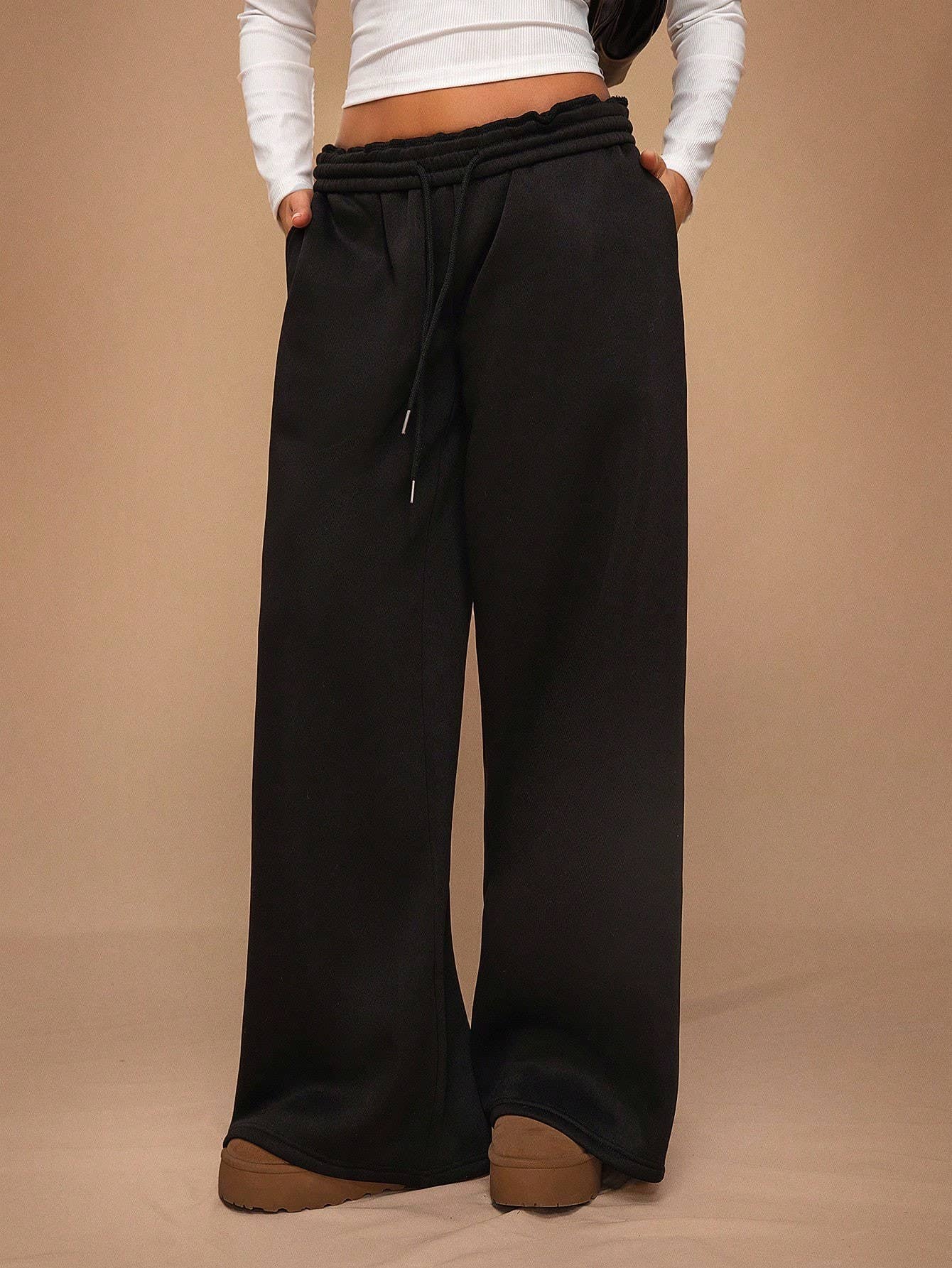 Drawstring thin fleece lined wide-leg sweatpants