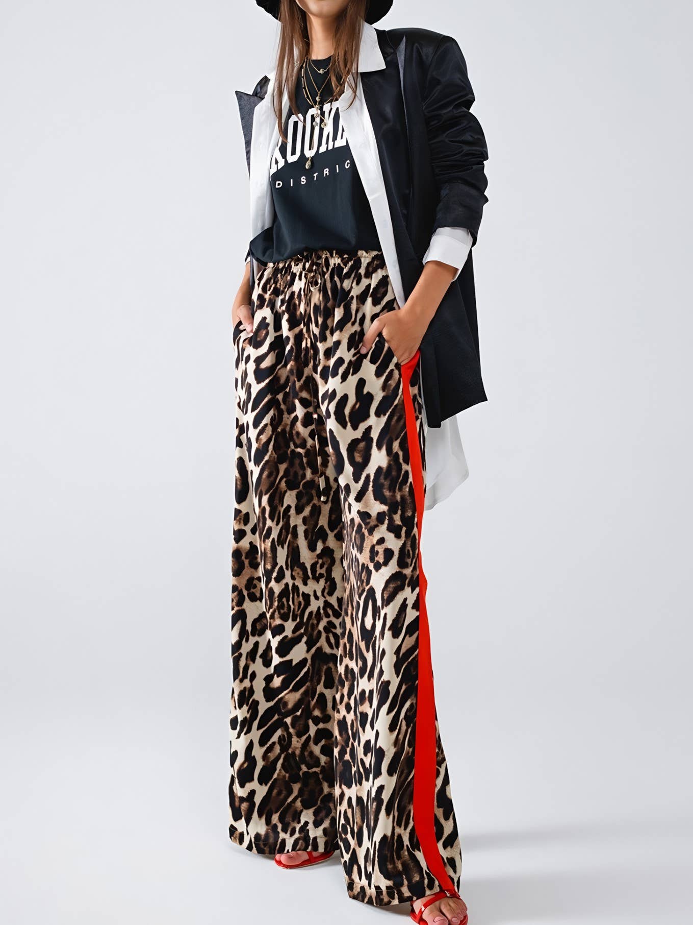 Leopard Print Colorblock Side Striped Wide Leg Pants