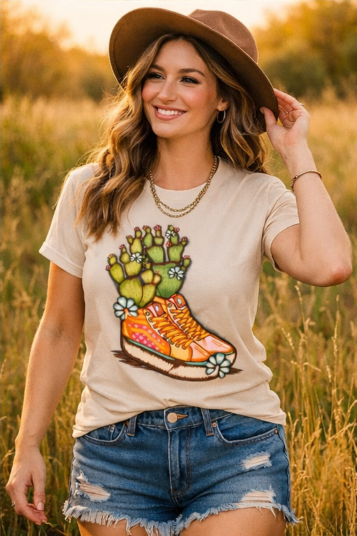 Cactus Cowgirl Sneakers Graphic Long Sleeve on Gildan Softstyle Natural Shirt – Graphic Tee, Long Sleeve & Crewneck.