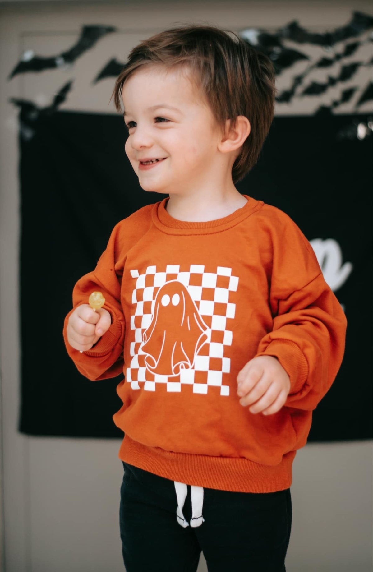 Checkered Ghost Crewneck Sweatshirt - Orange