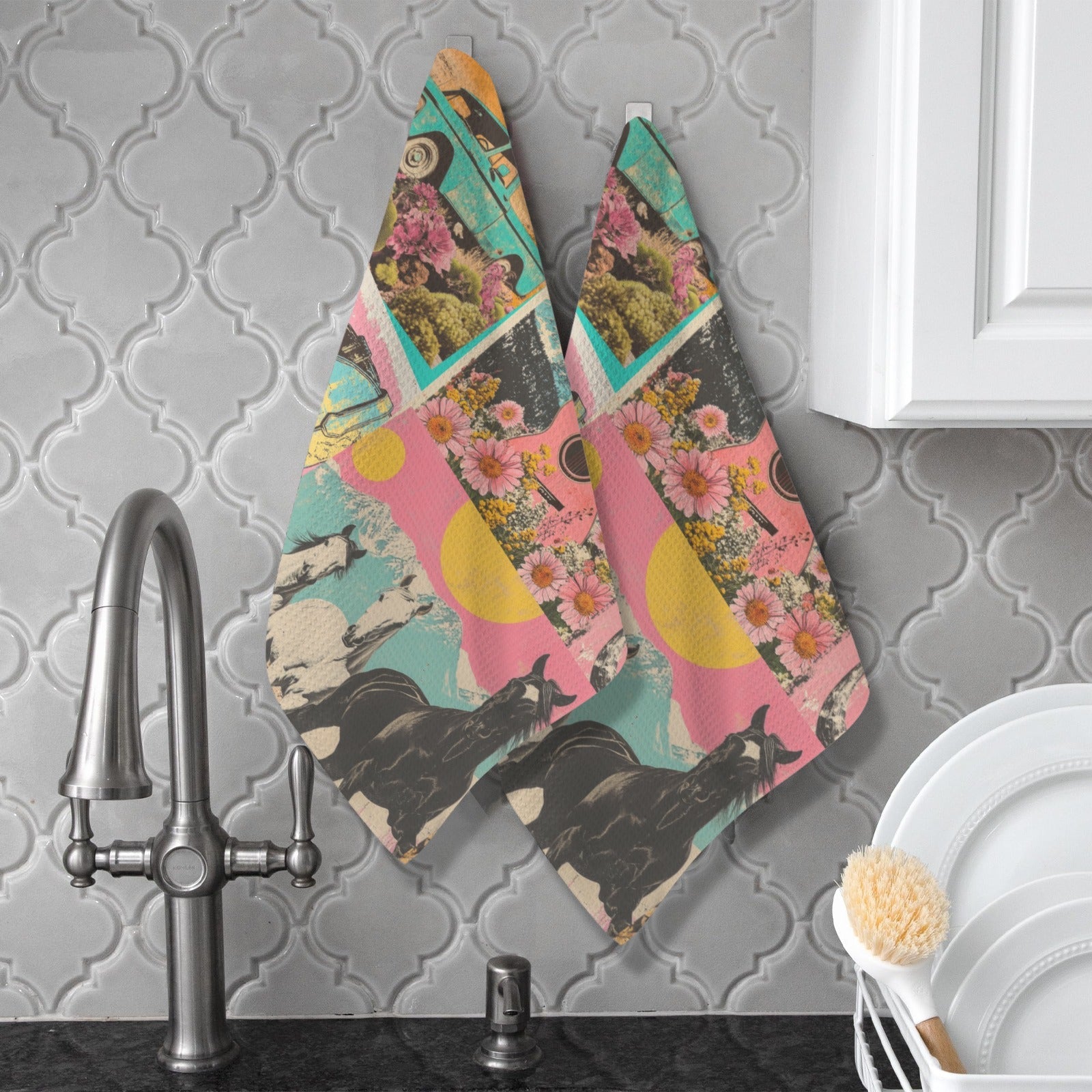 Retro Pop Western set of 2 Kitchen Dish Towels Made in America