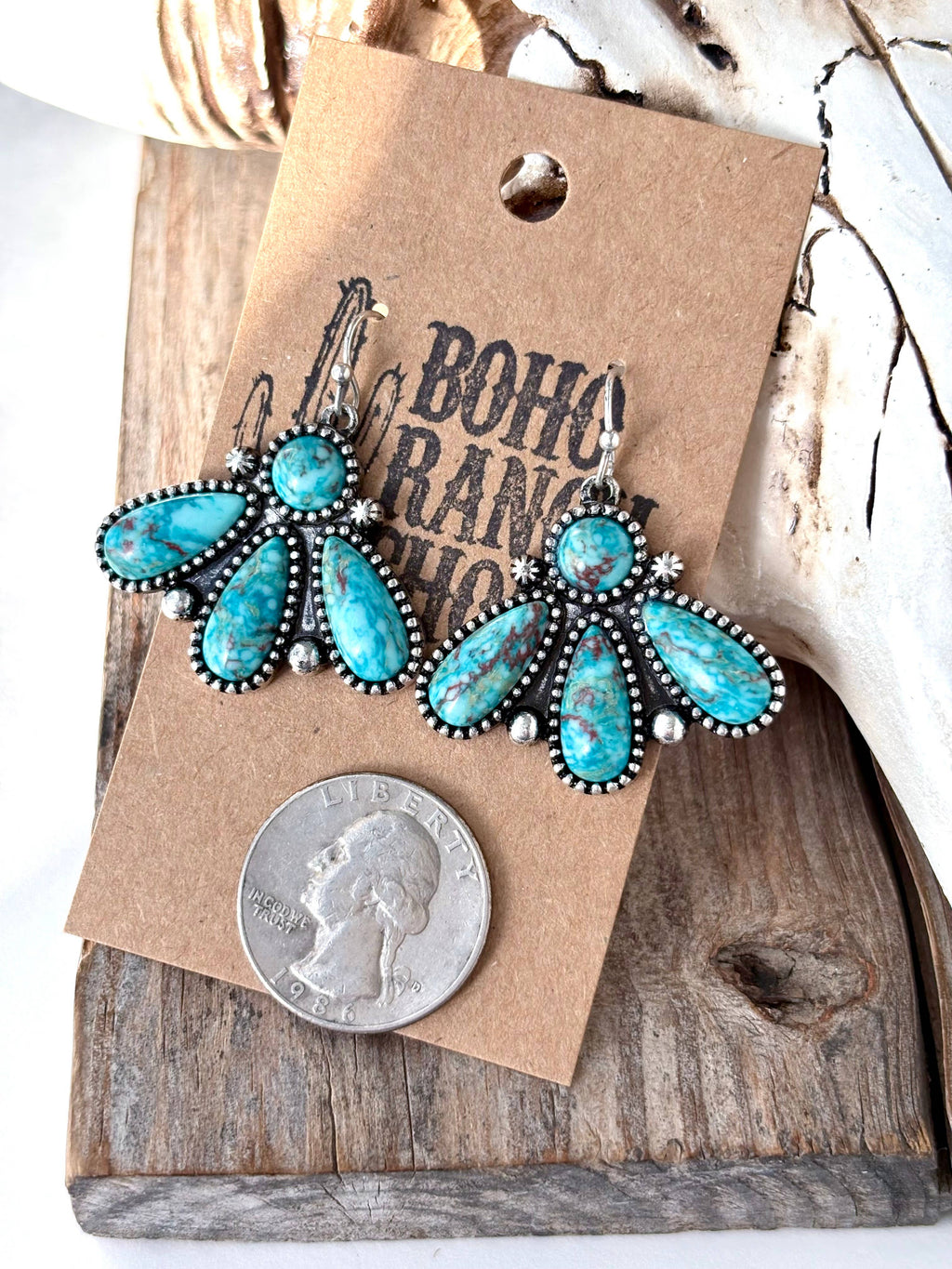 Western Style Squash Blossom Turquoise Stone Dangle Earrings