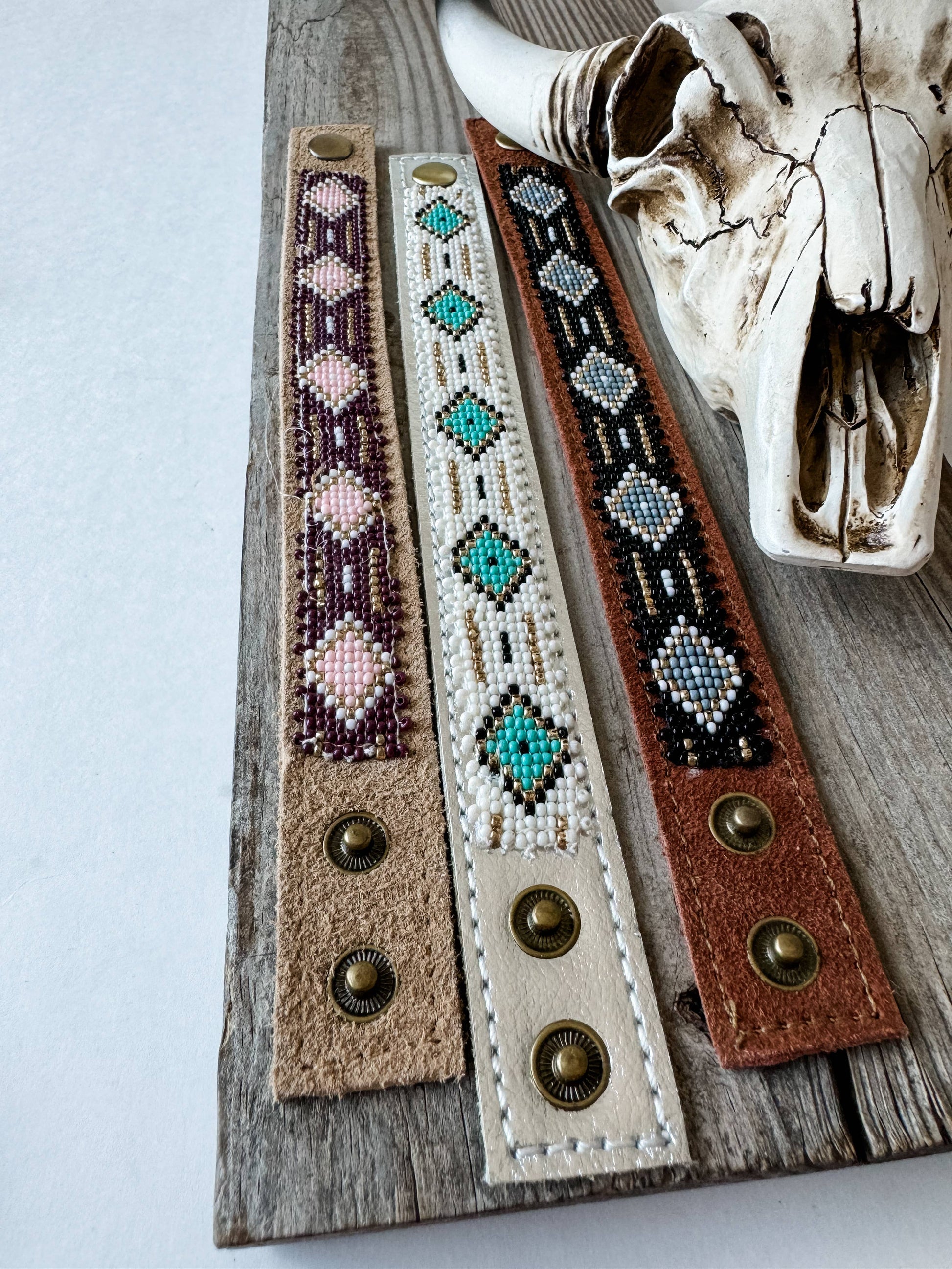Western Aztec Pattern Seed Bead Leather Cuff Bracelet