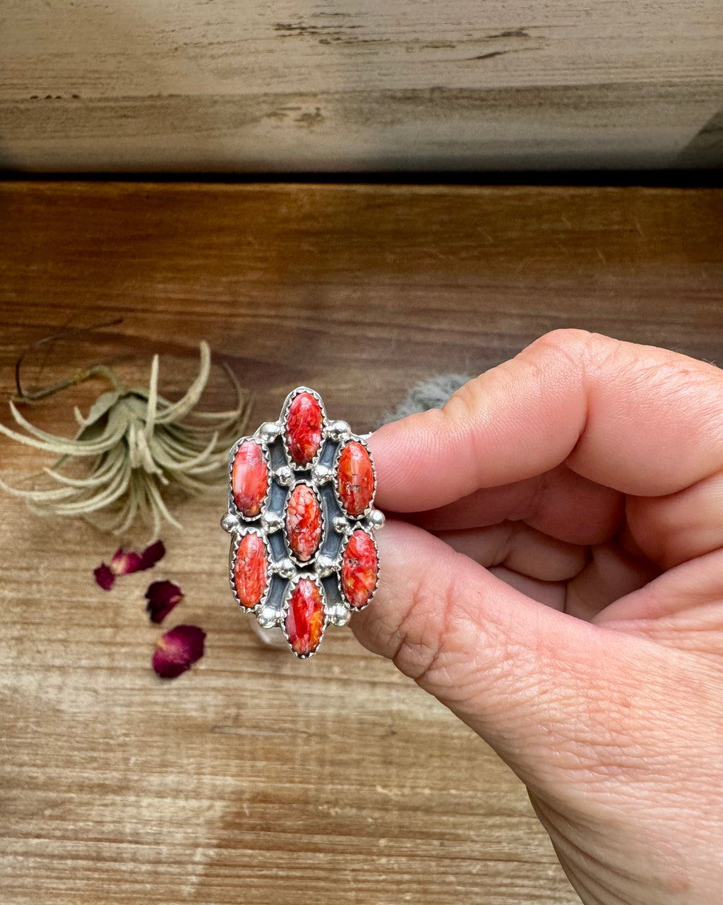 Cluster - size 8 - red spiny and sterling silver