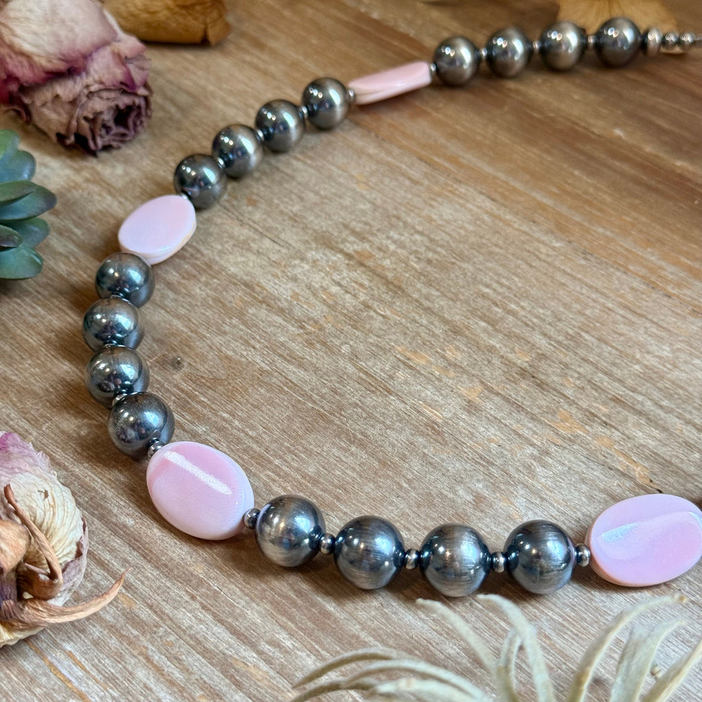 Pink Conch Oval & Sterling Silver Pearl Necklace