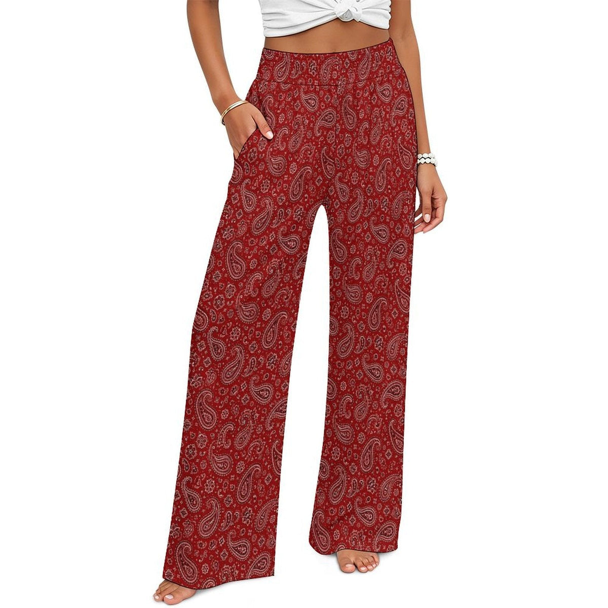 Baha Ranch Red Paisley Bandana Print High Waisted Wide Leg Pants