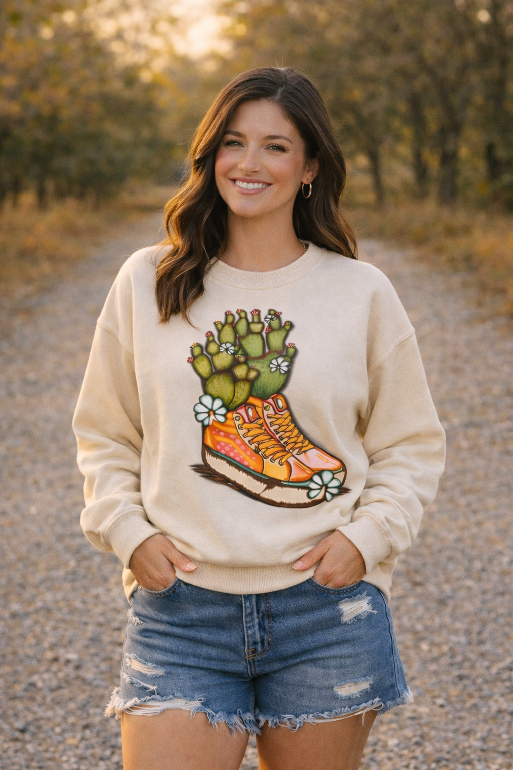 Cactus Cowgirl Sneakers Graphic Long Sleeve on Gildan Softstyle Natural Shirt – Graphic Tee, Long Sleeve & Crewneck.