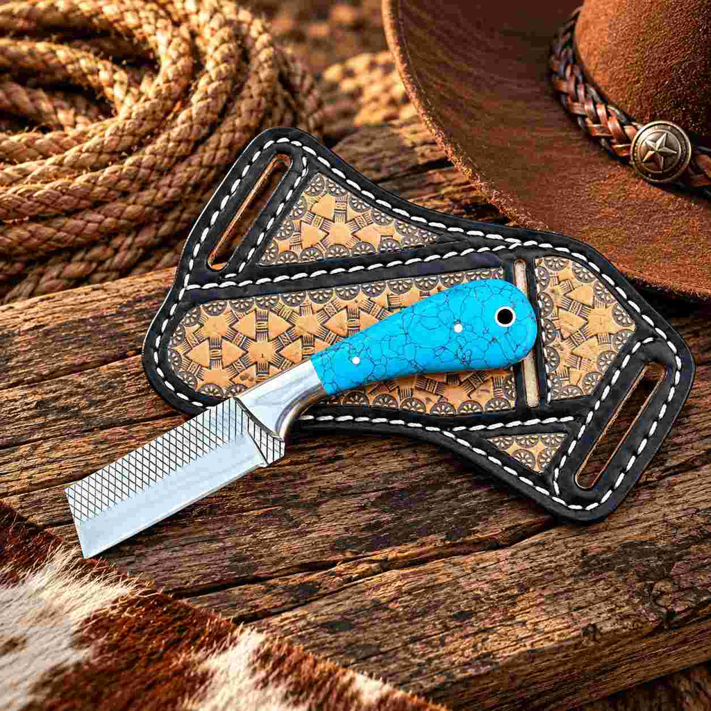 Custom Handmade Horse Rasp Stainless Steel 3-Inch Western Bull Cutter with Turquoise Stone Handle & Leather Sheath