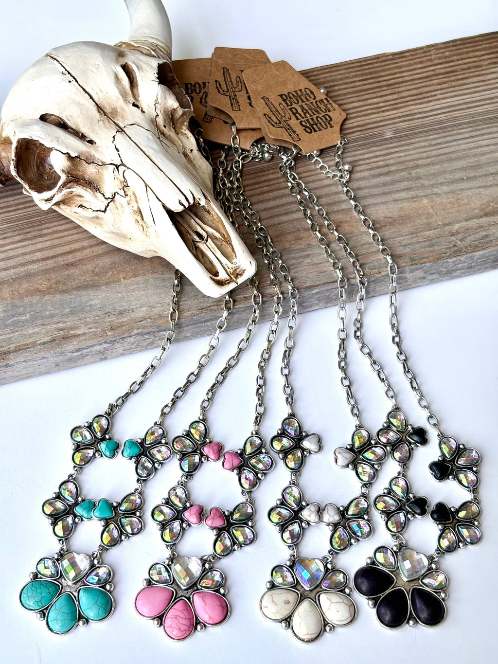 Western Squash Blossom & Stone Pendant Chain Necklace