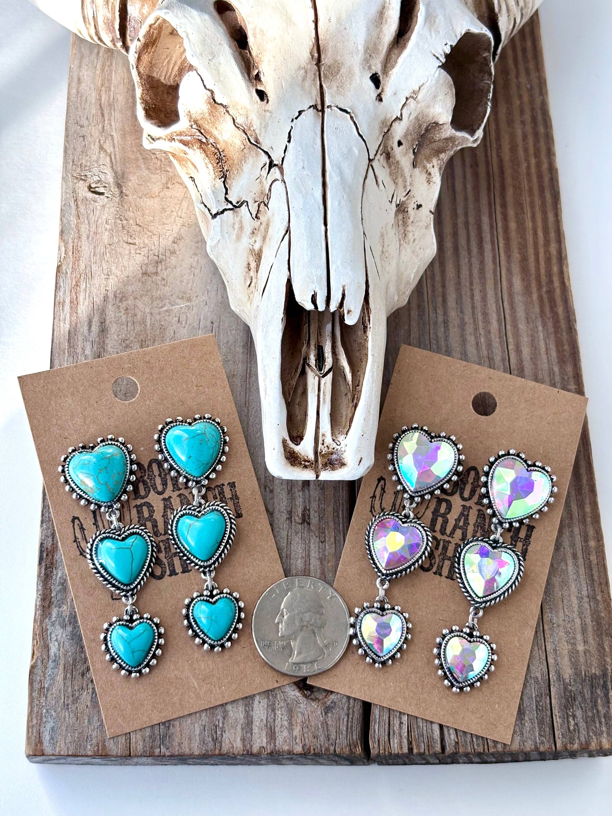 3 Tier Western Style Turquoise Stone Heart Drop Earrings