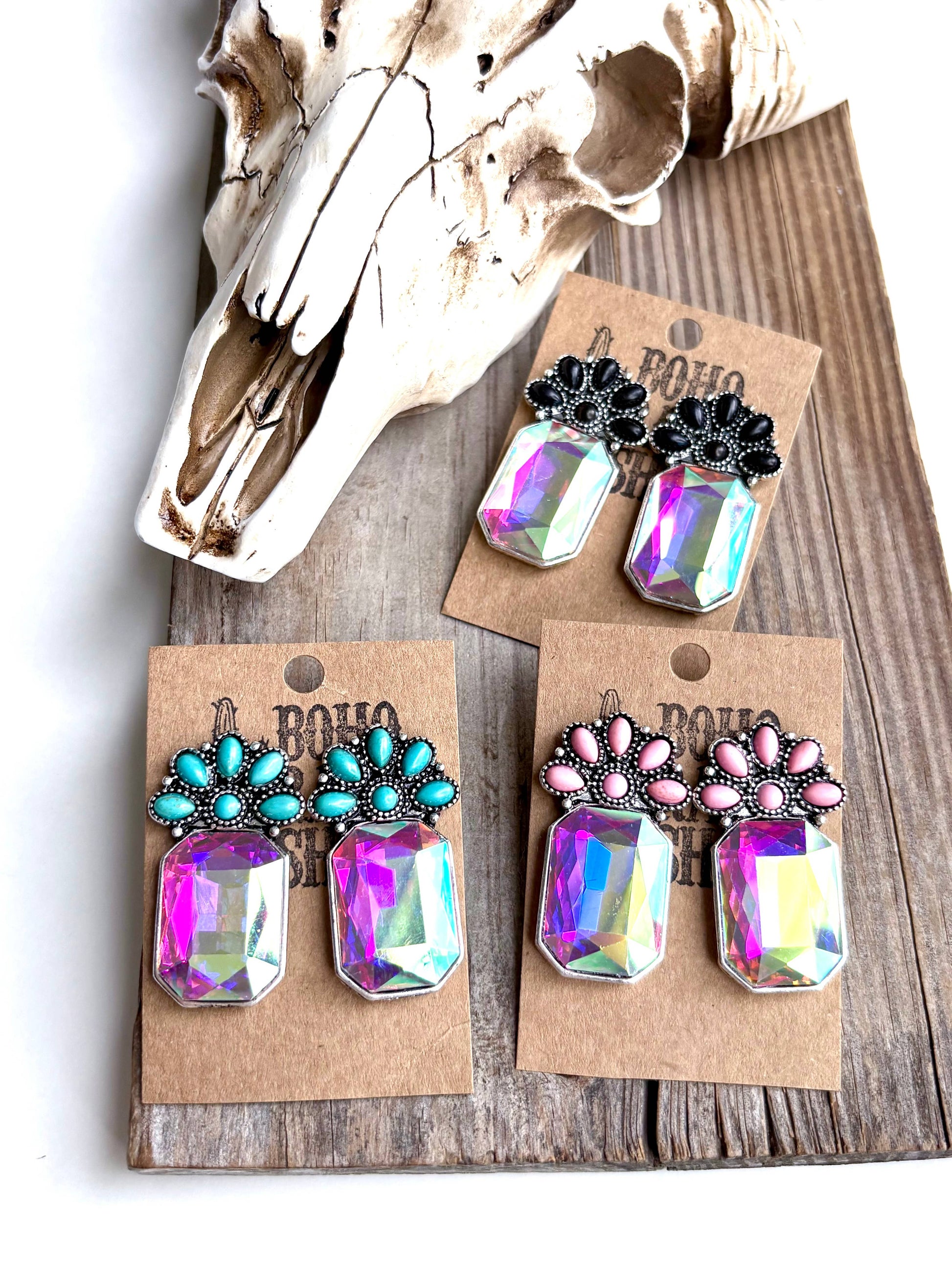 Squash Blossom Stone & Octagon Glass Stone Stud Earrings