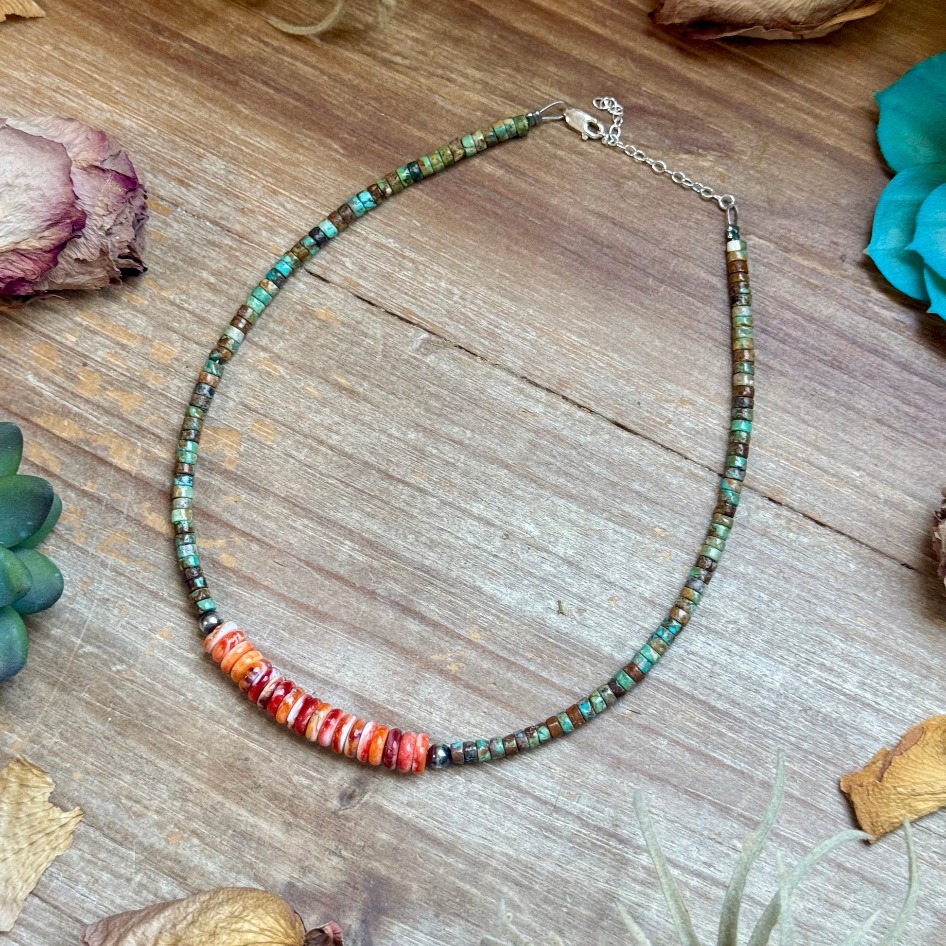 Green Turquoise & Orange Spiny Oyster Fall Necklace