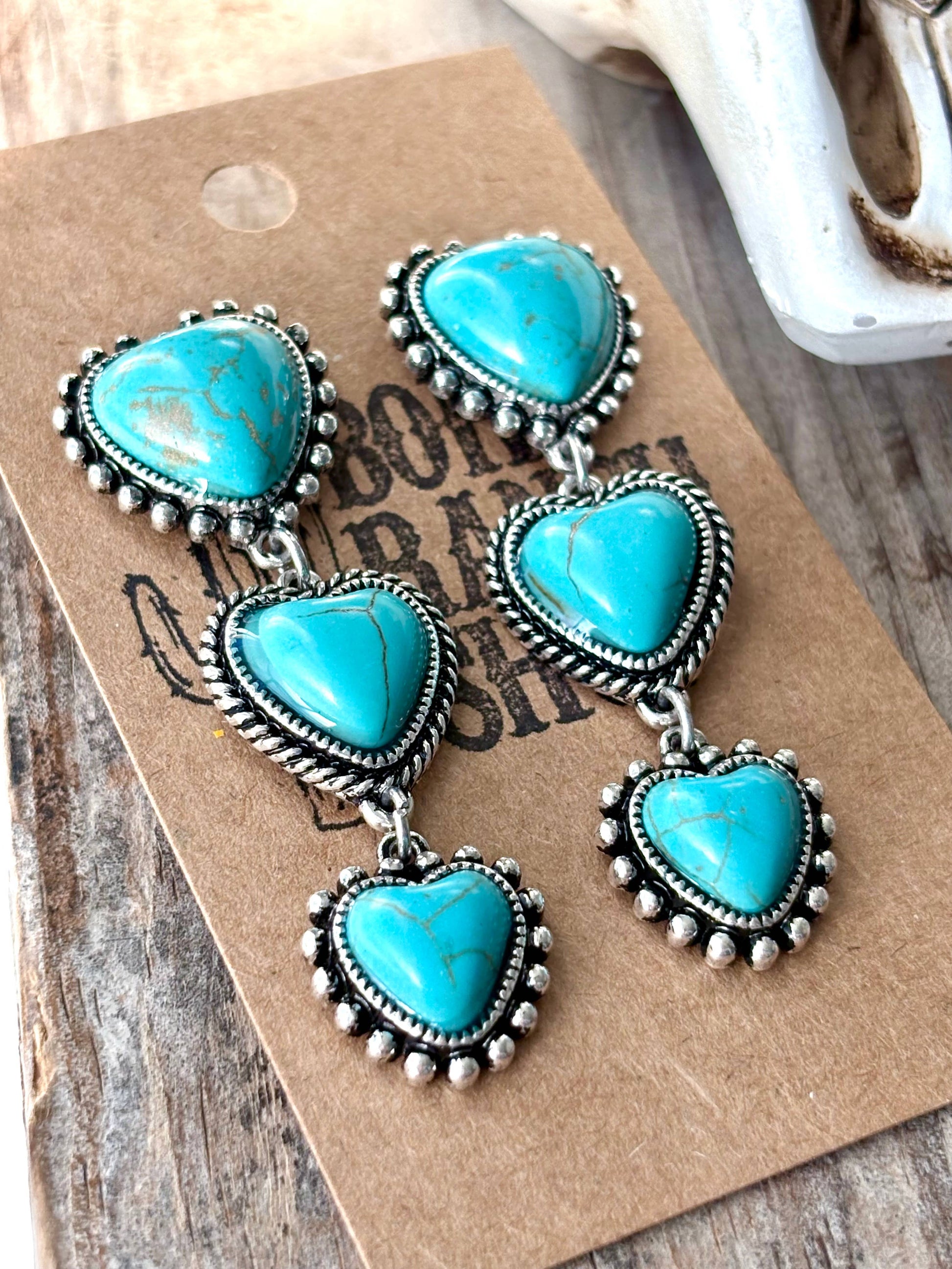 3 Tier Western Style Turquoise Stone Heart Drop Earrings