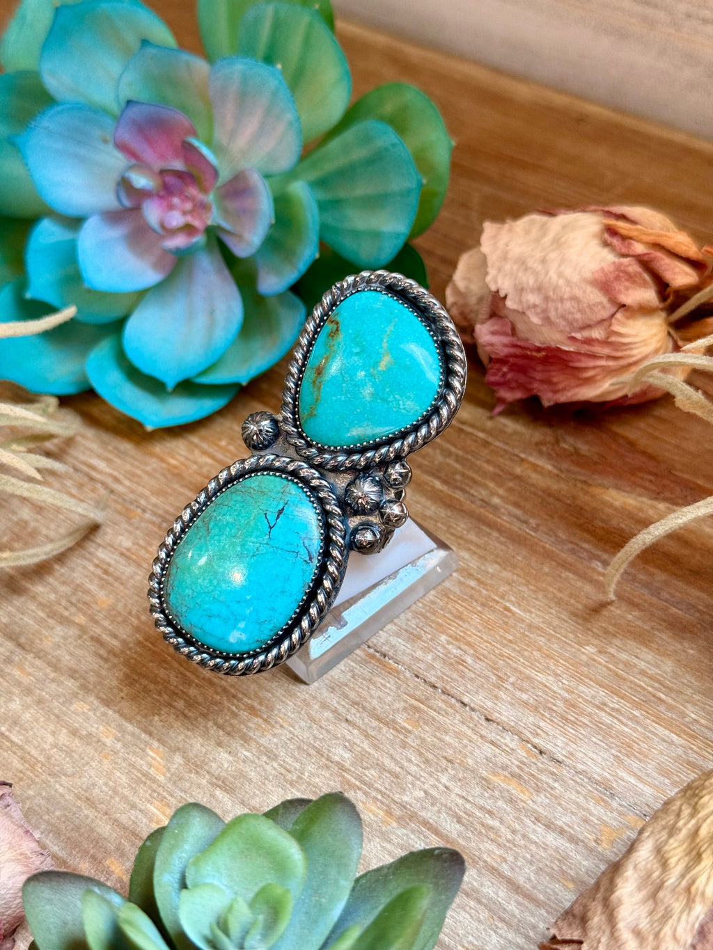 MJ Two-Stone Blue-Green Turquoise Statement Ring