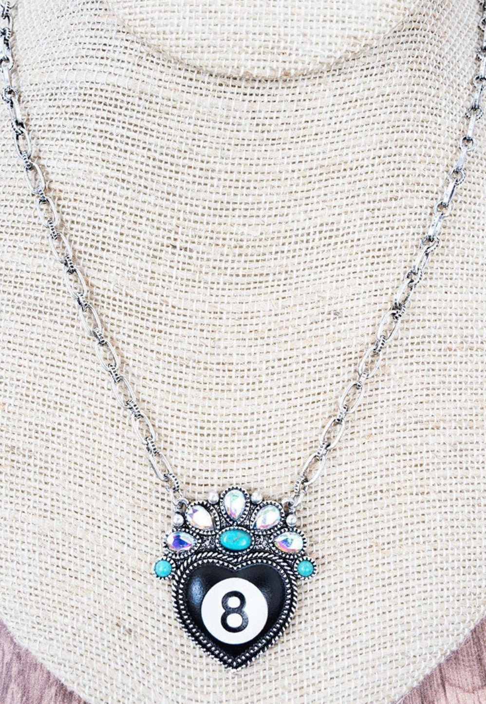 ROGUE SHOT BLACK 8 BALL HEART SILVERTONE NECKLACE
