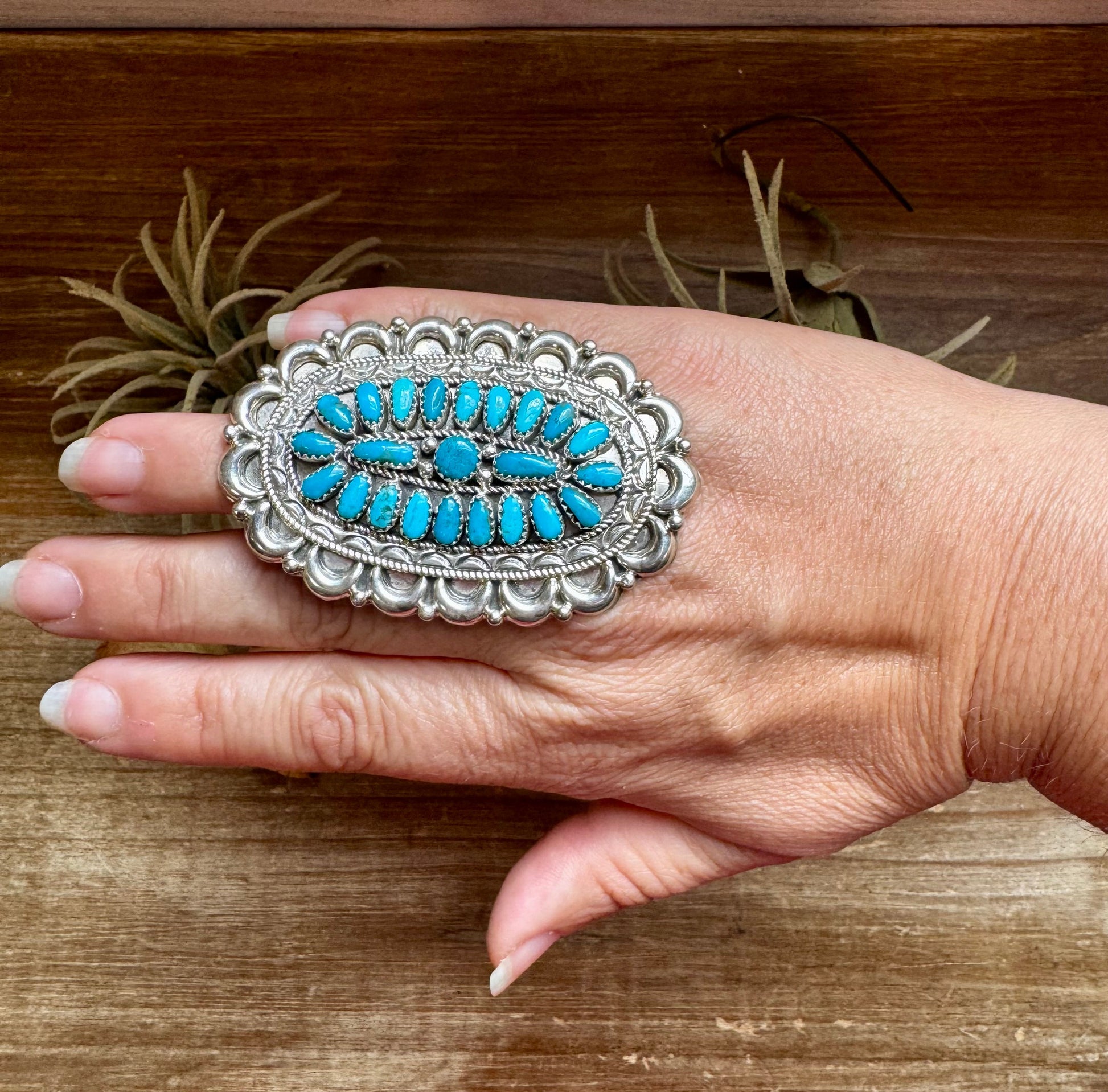 Kingman Turquoise Cluster Ring – Navajo Handmade by Jaz Wilson, Size 7.5