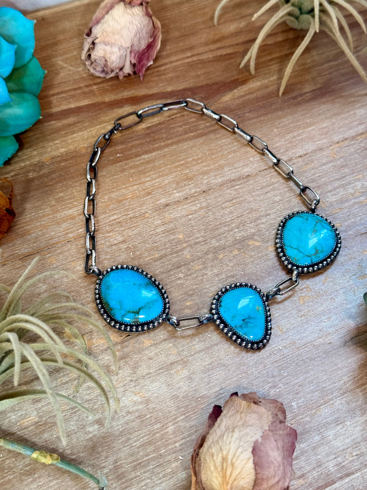 MJ One-of-a-Kind Three-Stone Turquoise Beaded Border Choker