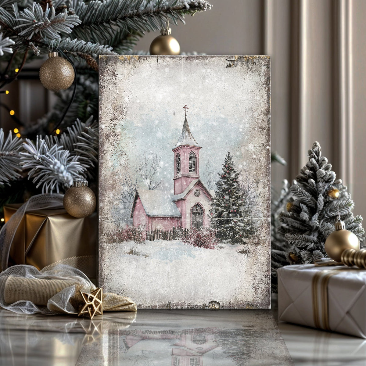 Vintage Church Christmas Wall Art