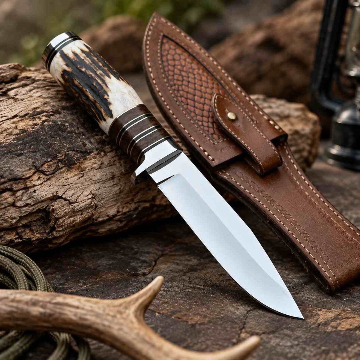11 Inch D2 Steel Hunting Knife with Natural Antler Handle & Leather Sheath