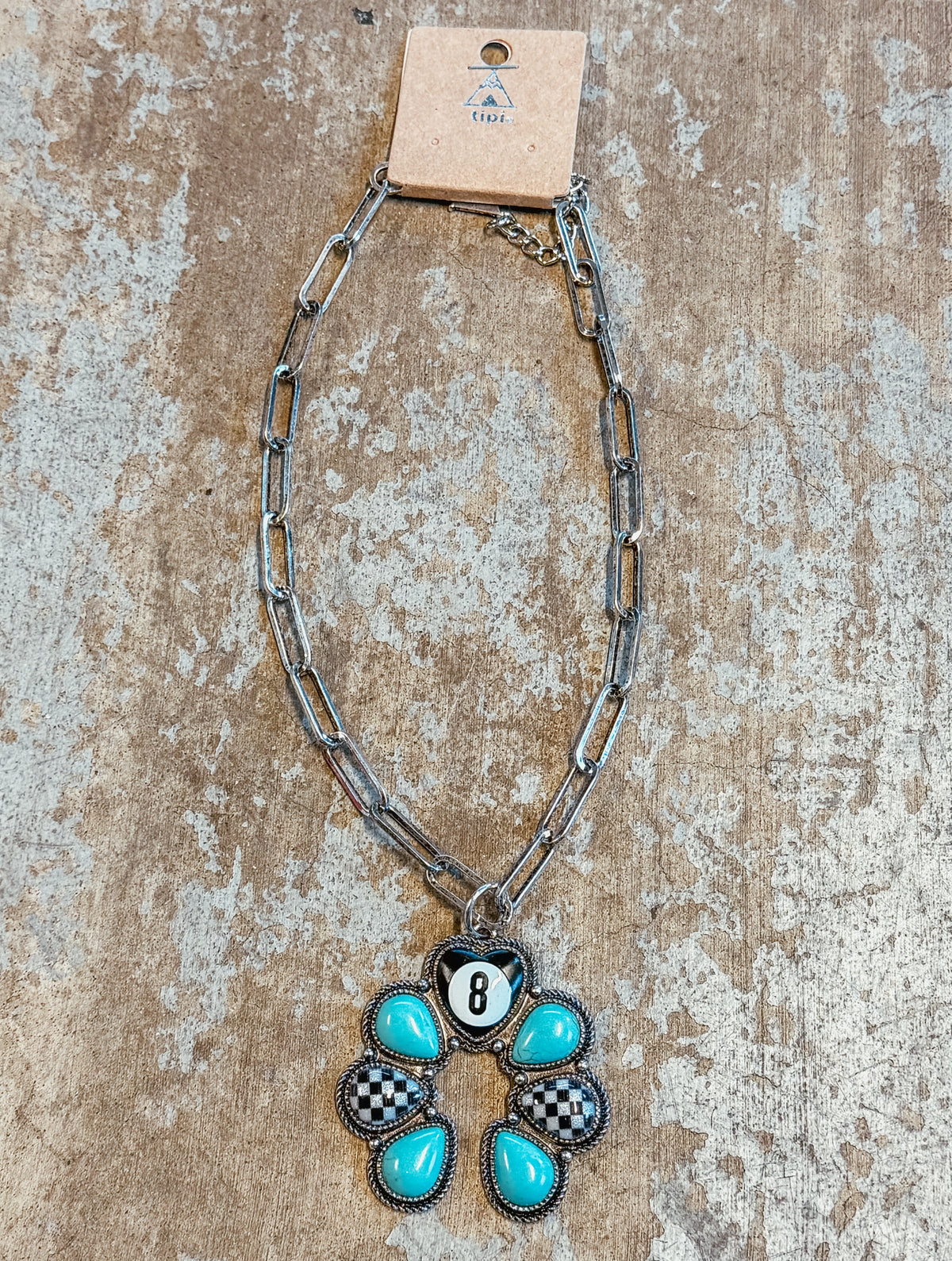 Turquoise & Checkered 8 Ball Flower Pendant Necklace – Western Statement Chain