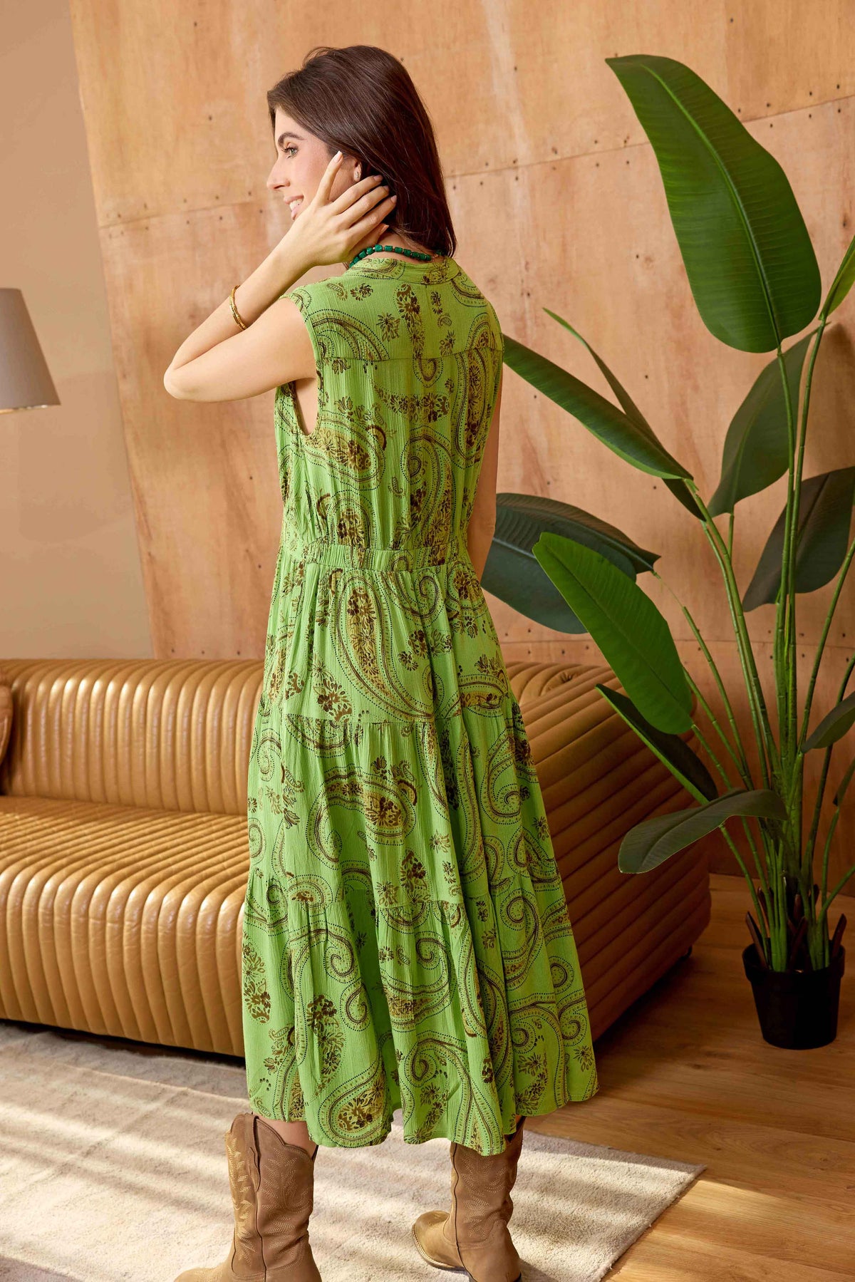 Bohera Leaf Whorl Printed Button Front Sleeveless Midi Dress in Laurel Green