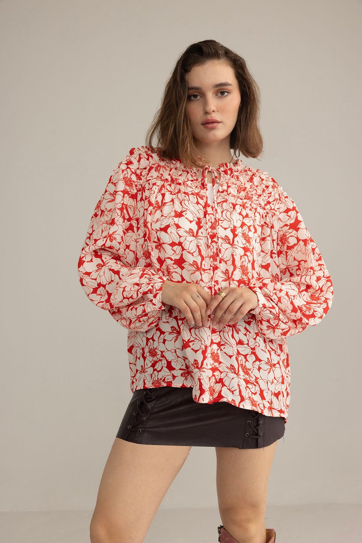 Cherry Fleur Ruffle Top in Crimson Pink