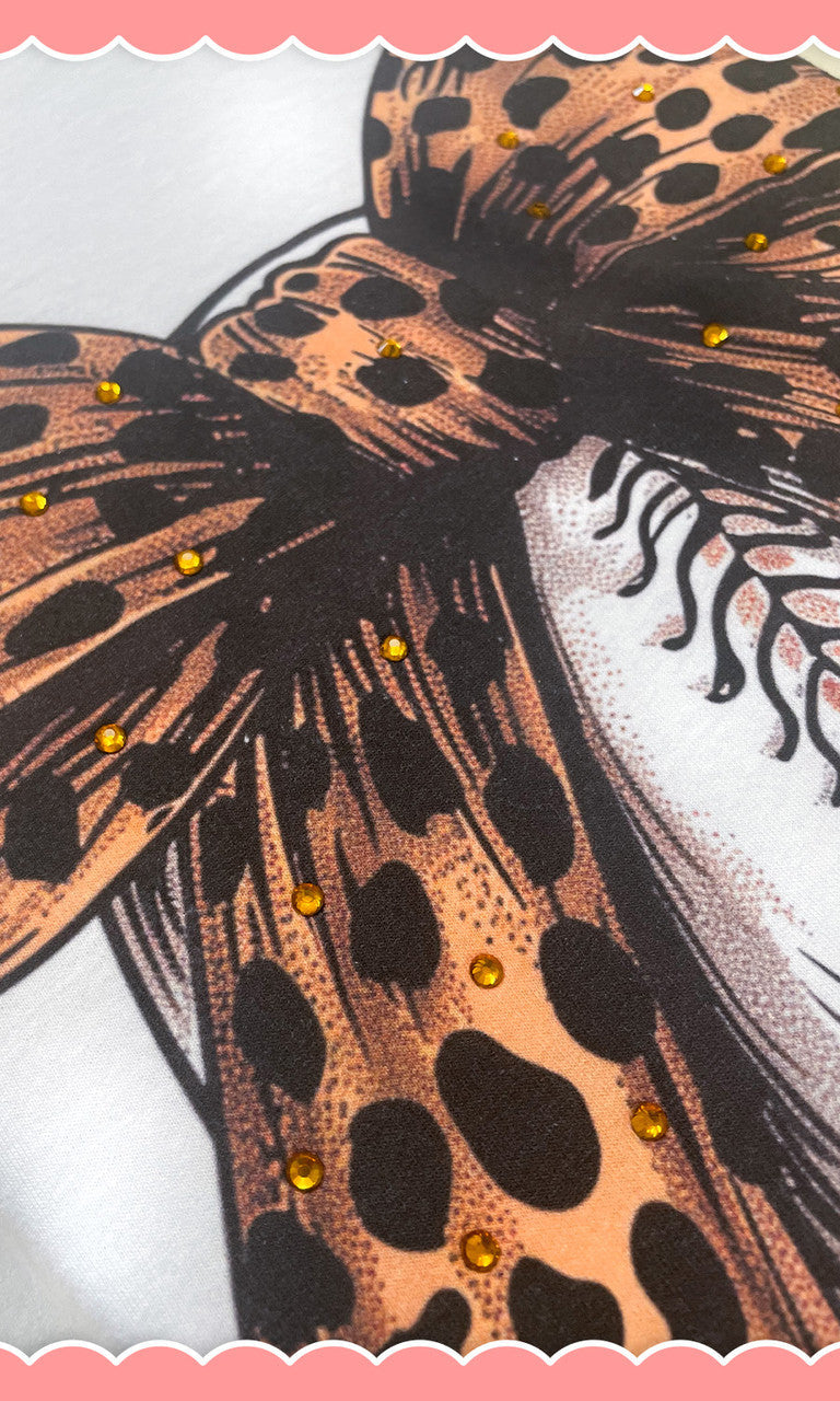 Baseball Cheetah Bow Rhinestone Graphic Crop Top Shirt