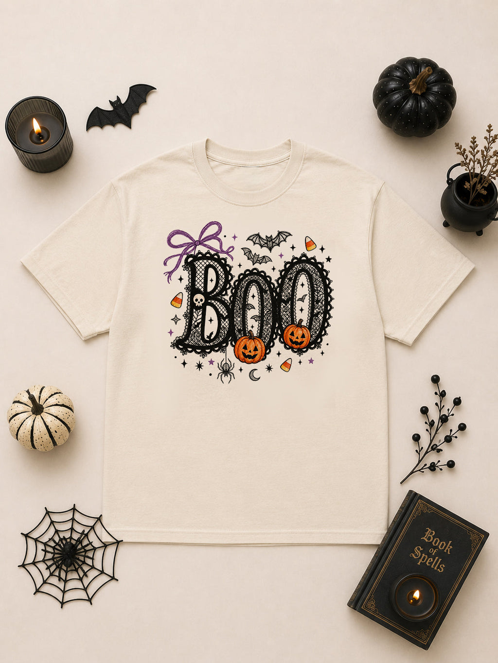 Boo Printed Lace Halloween Elements Graphic T-Shirt
