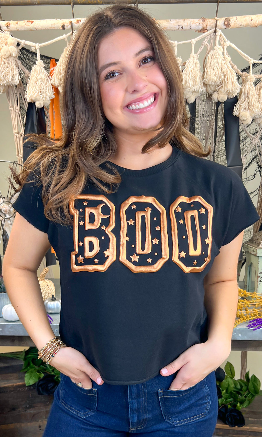 Boo Metallic Puff Halloween Edgy Graphic Shirt