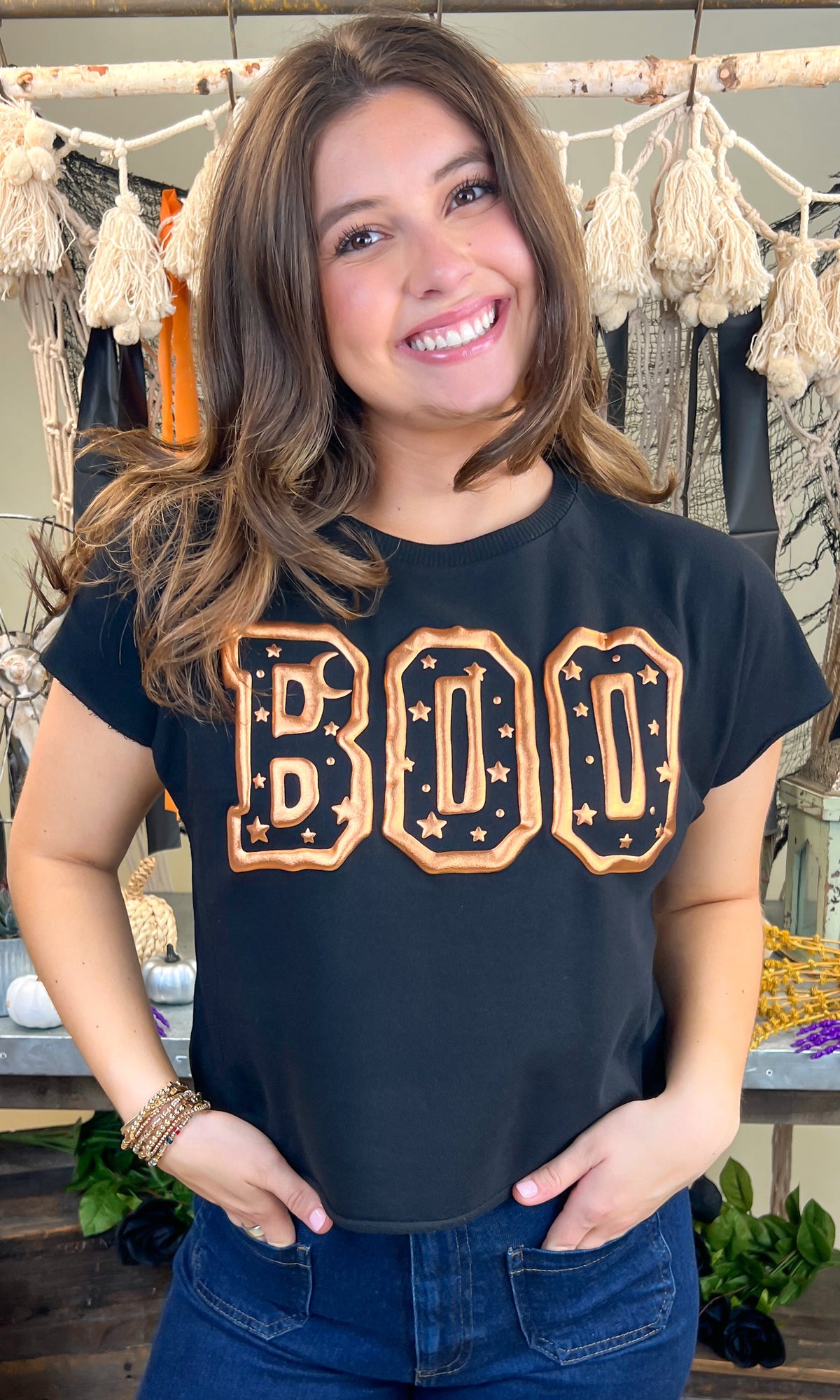 Boo Metallic Puff Halloween Edgy Graphic Shirt