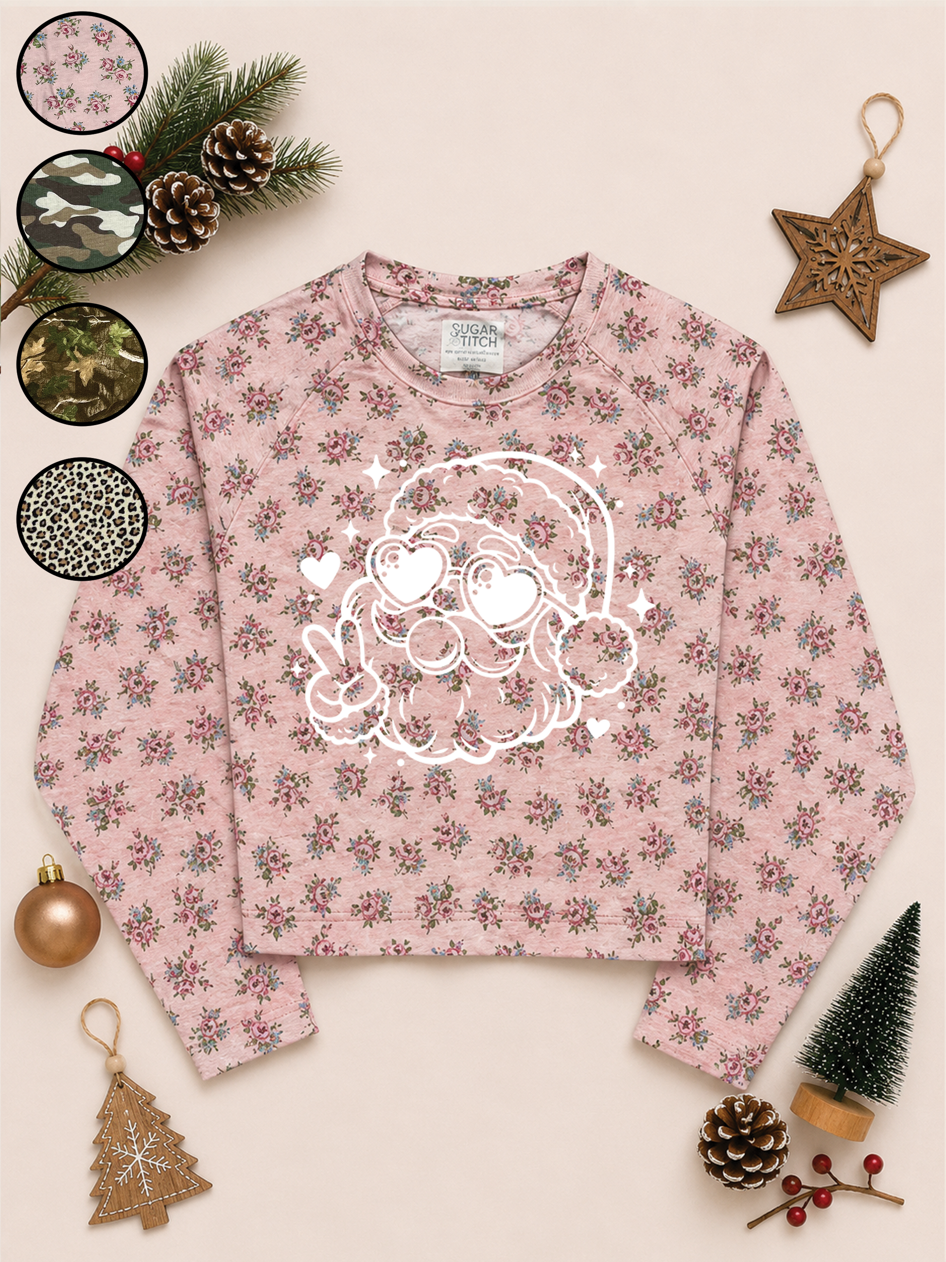 Bubble Gum Santa White Glitter AOP Edgy Long Sleeve Graphic Shirt