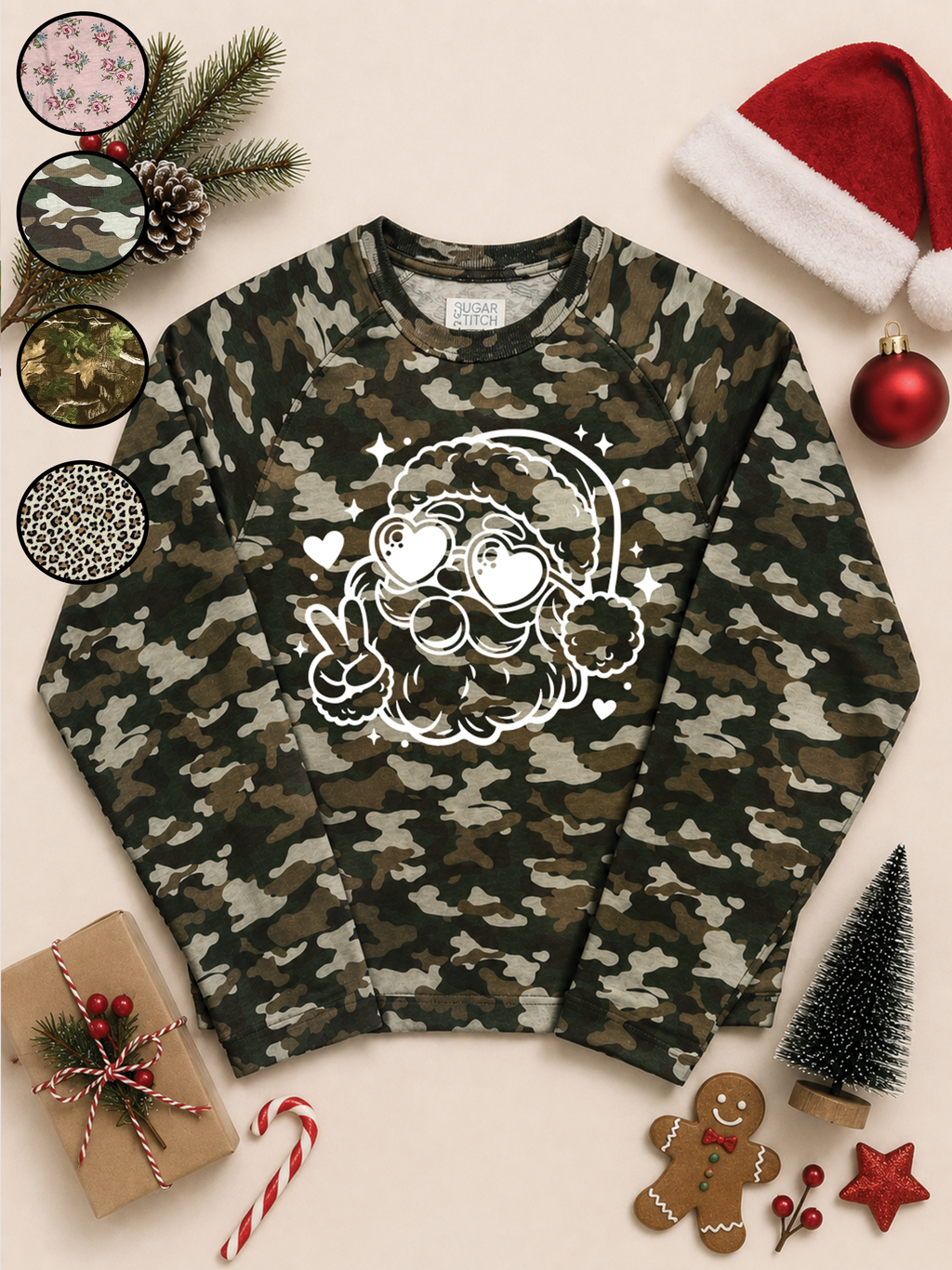 Bubble Gum Santa White Glitter AOP Edgy Long Sleeve Graphic Shirt
