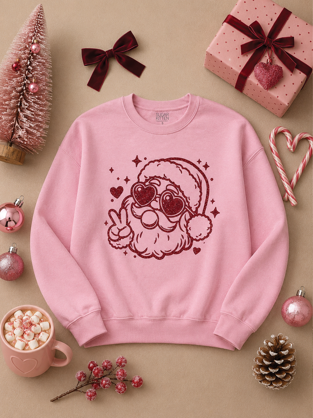 Bubble Gum Glitter Santa Christmas Graphic Sweatshirt