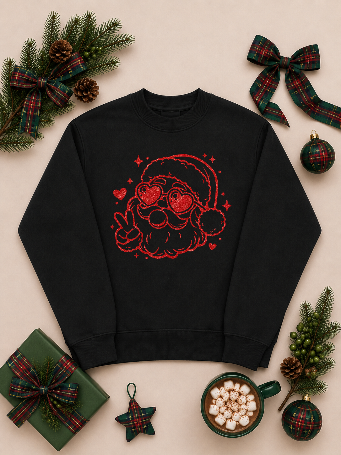 Bubble Gum Glitter Santa Christmas Graphic Mock Neck Sweatshirt