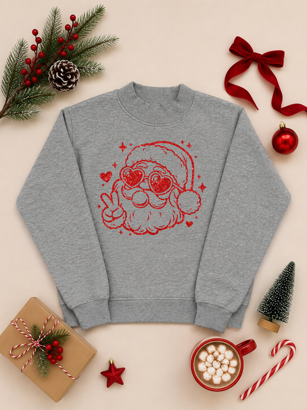 Bubble Gum Glitter Santa Christmas Graphic Mock Neck Sweatshirt
