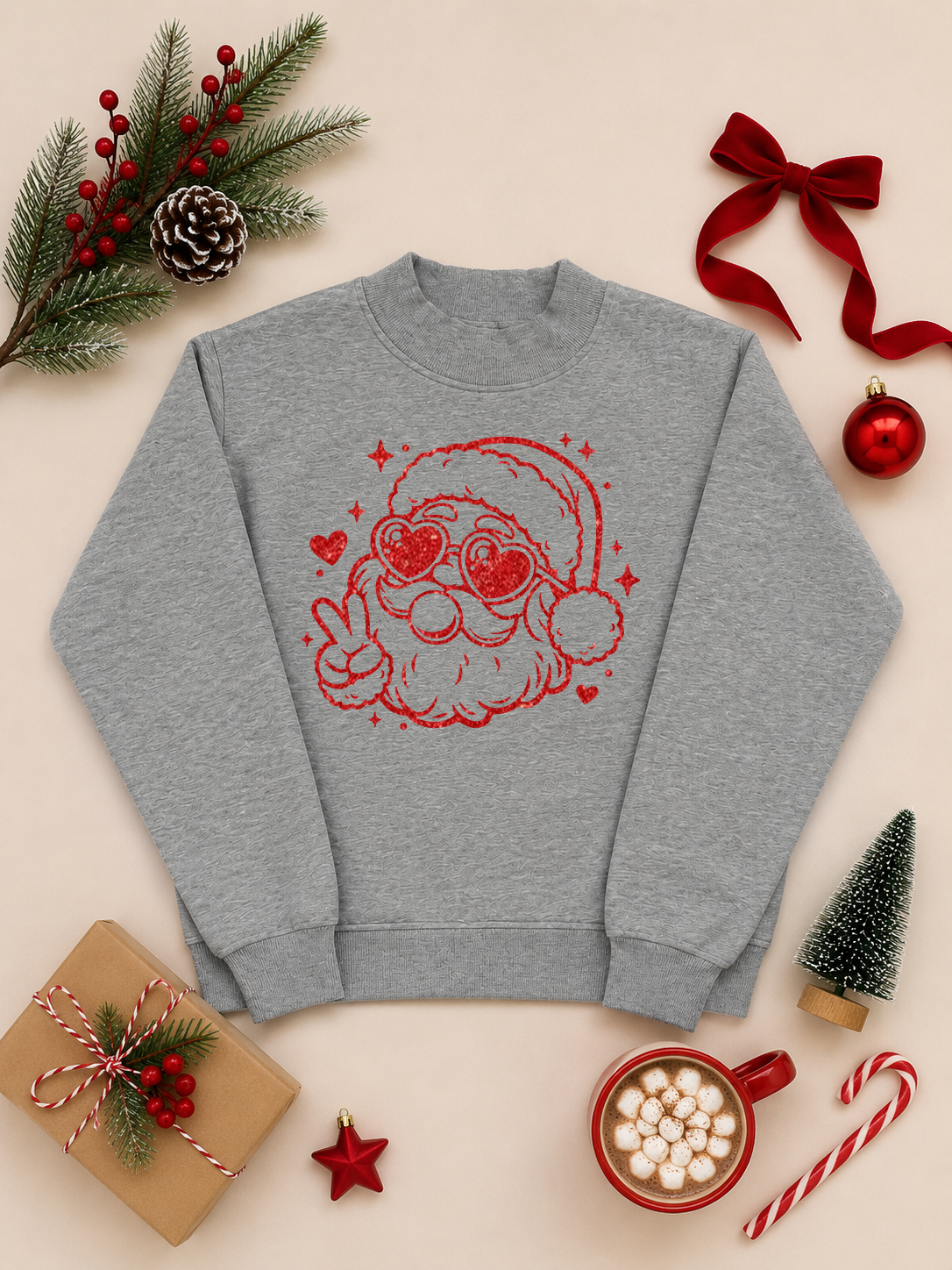 Bubble Gum Glitter Santa Christmas Graphic Mock Neck Sweatshirt