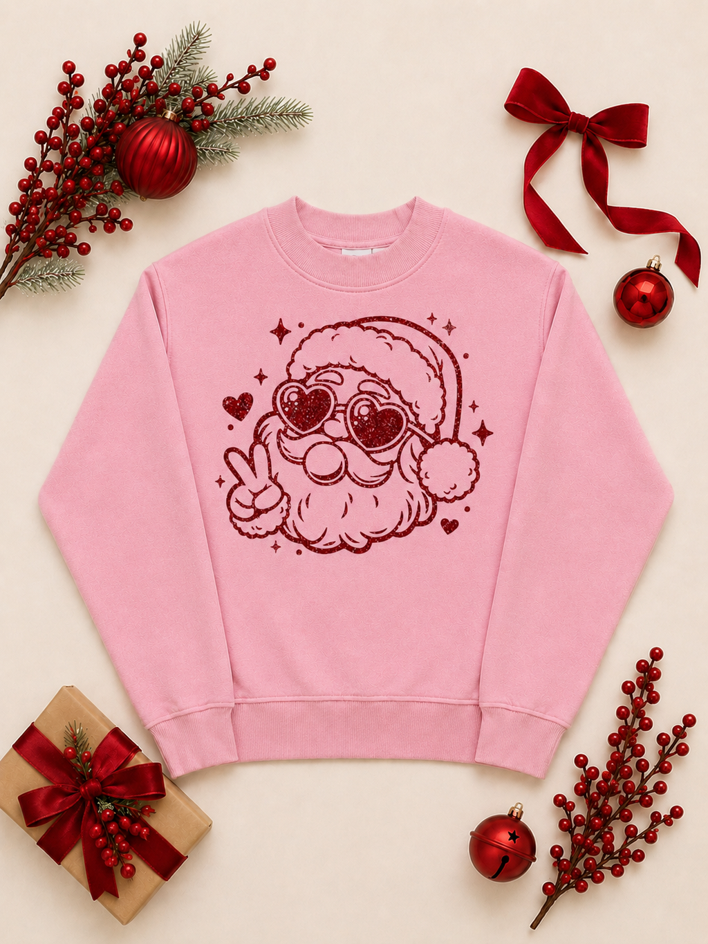 Bubble Gum Glitter Santa Christmas Graphic Mock Neck Sweatshirt