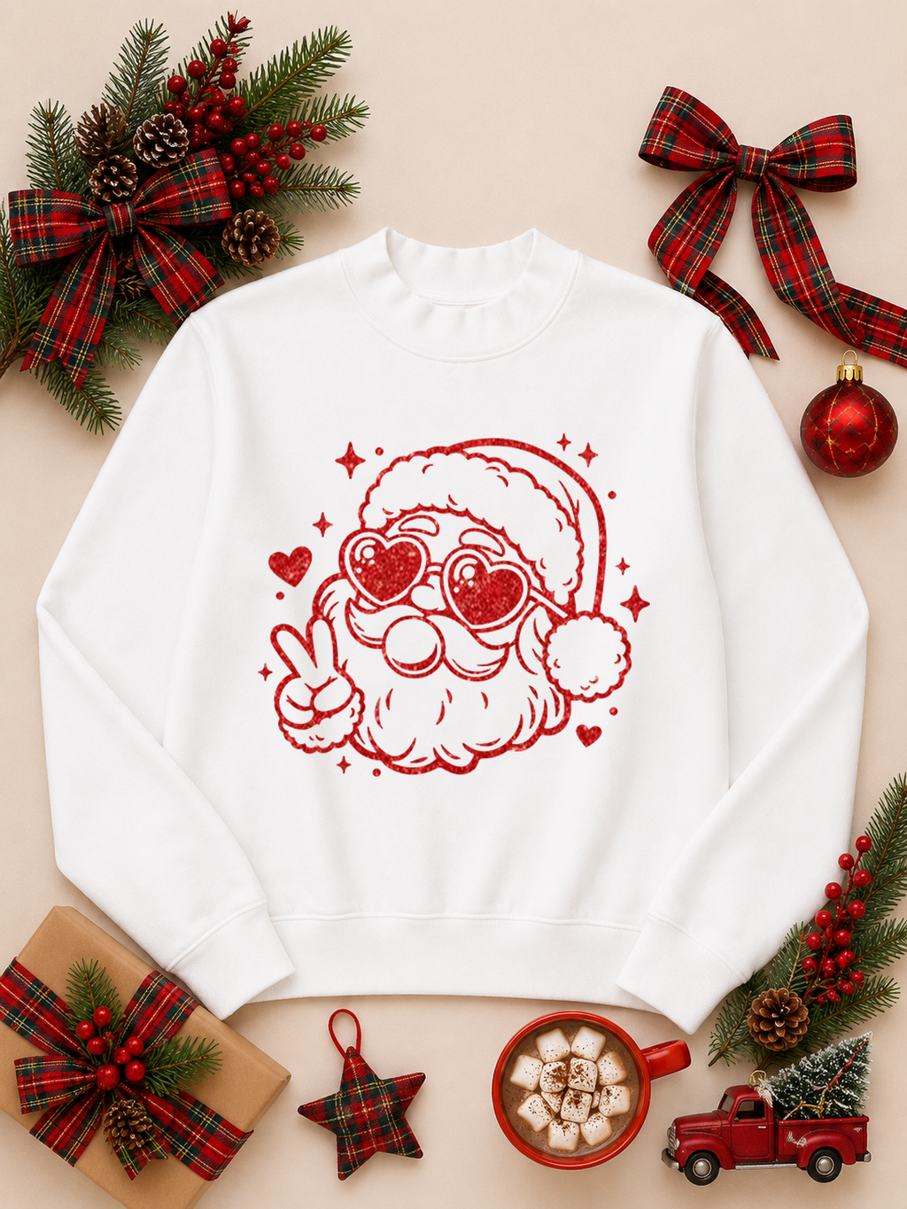 Bubble Gum Glitter Santa Christmas Graphic Mock Neck Sweatshirt