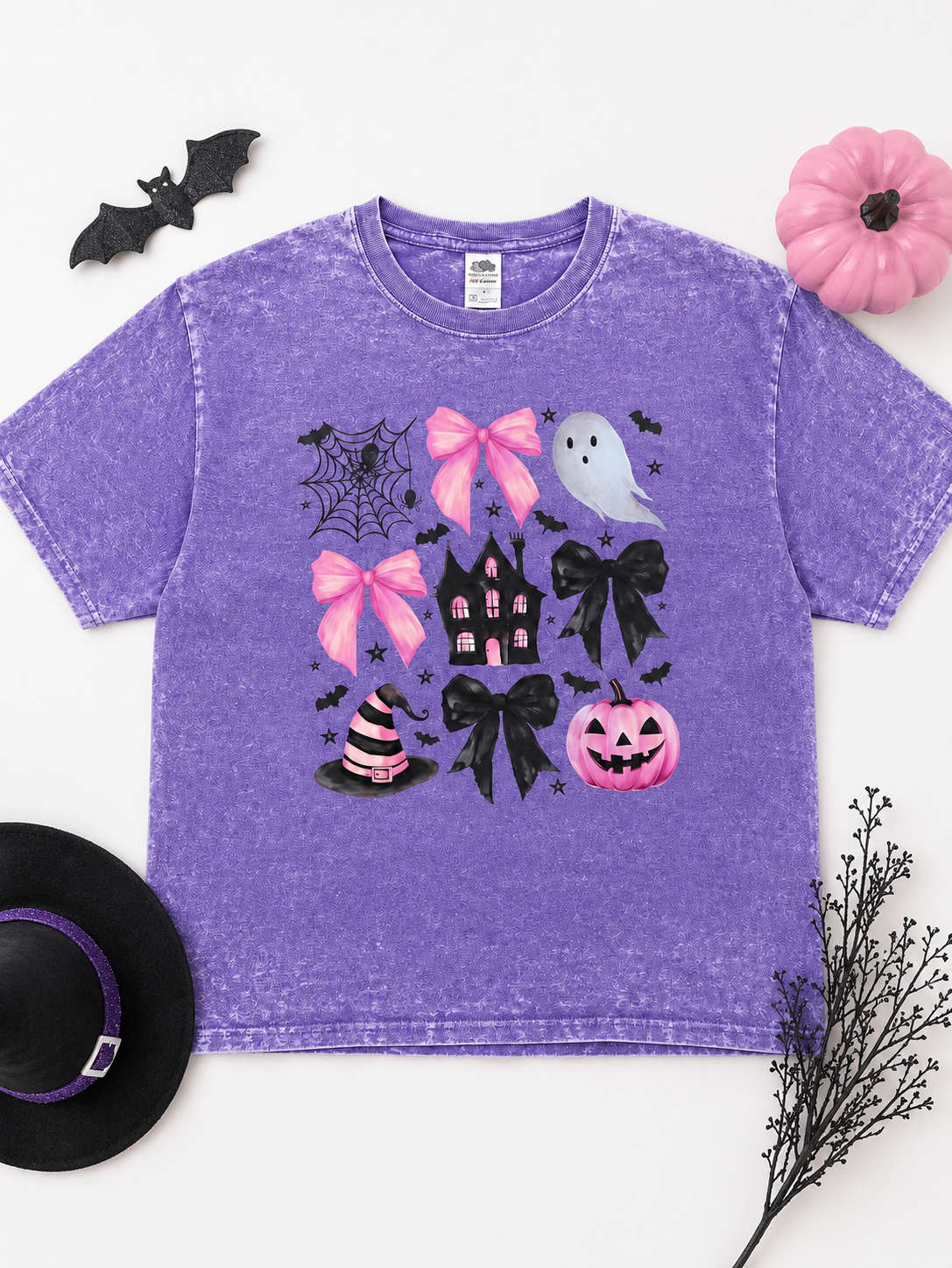 Watercolor Bow Pumpkin Halloween Graphic Burnout T-Shirt