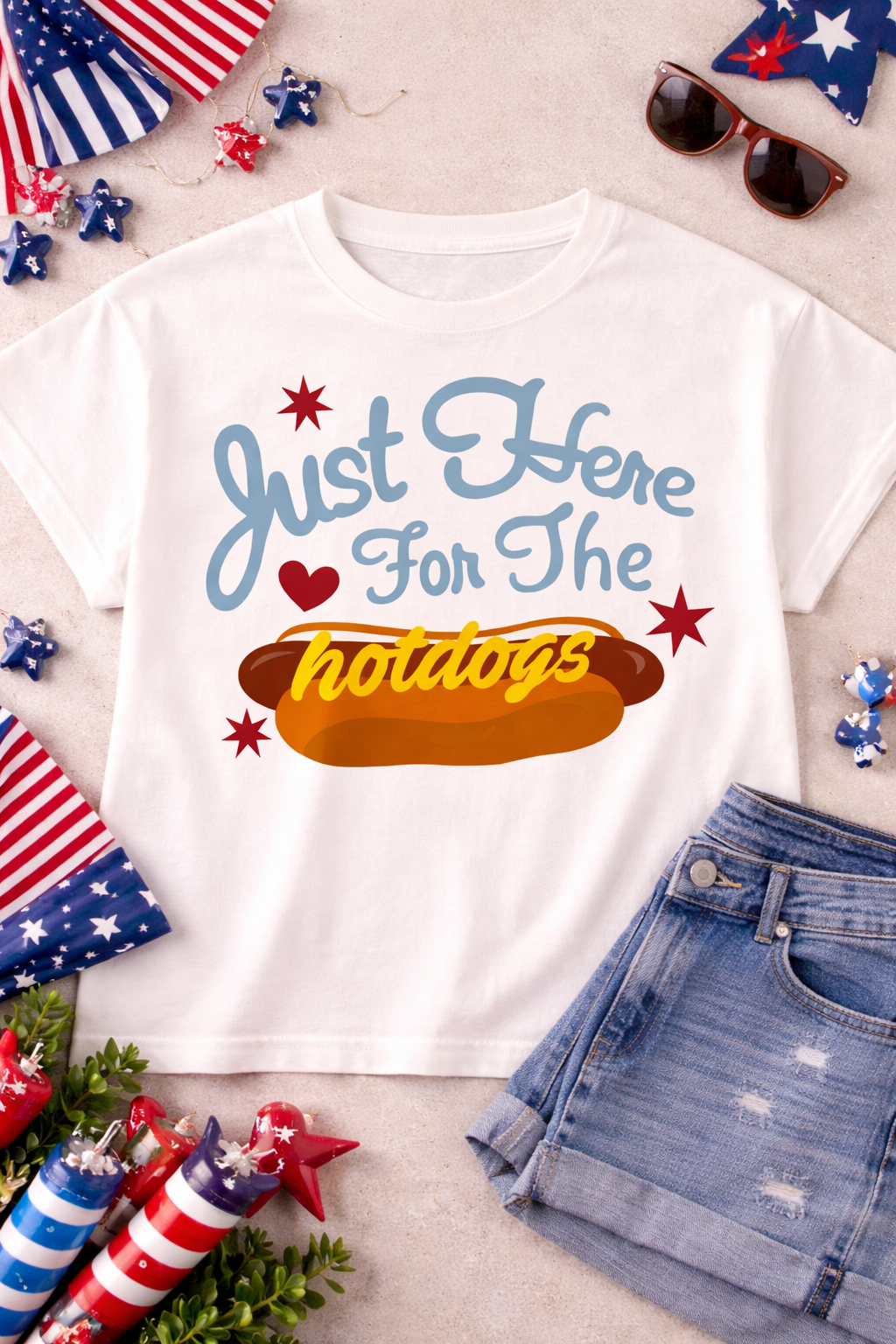 Just Here For The Hotdogs Patriotic Graphic T-Shirt