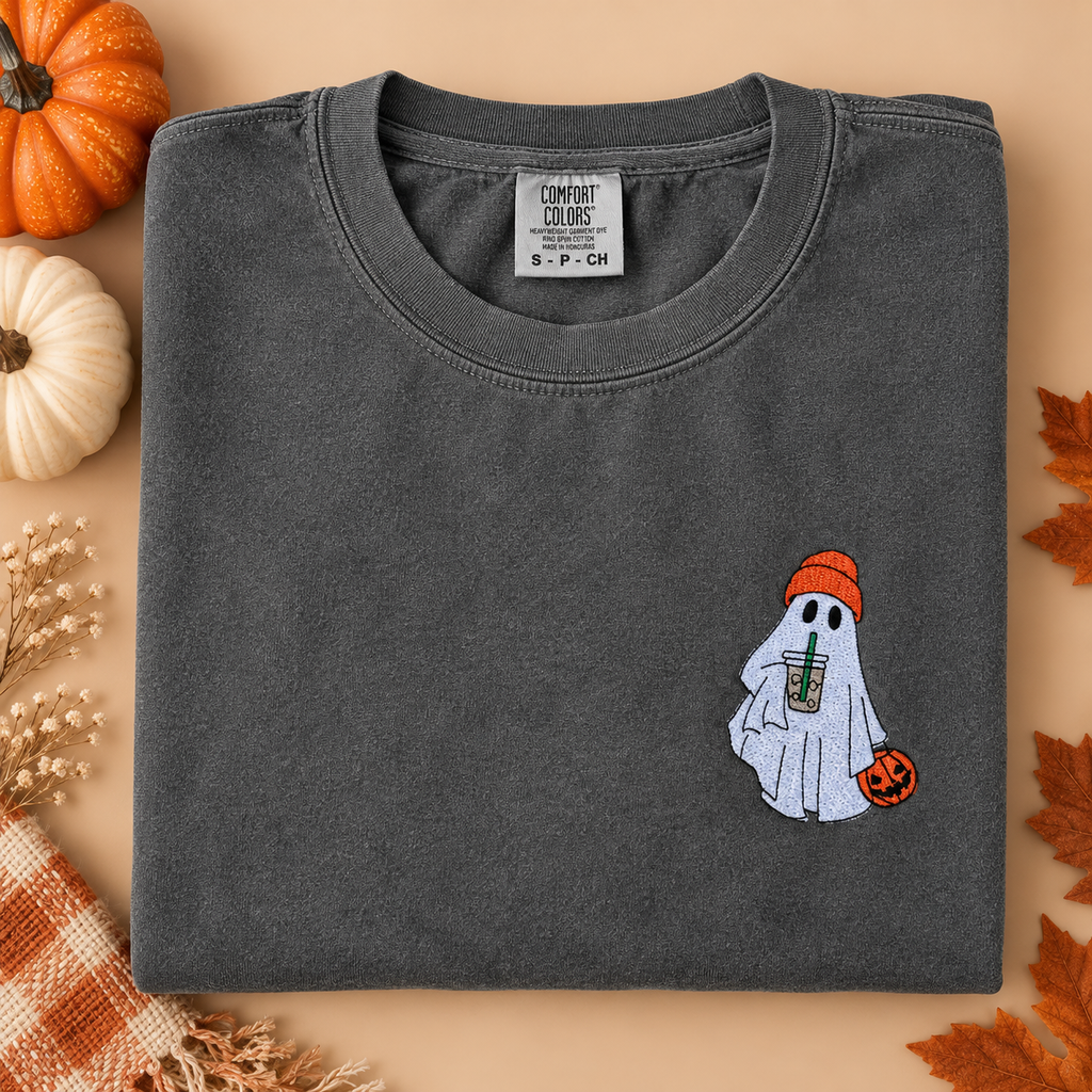Adult Embroidered Iced Coffee Ghost Comfort Colors Crewneck Sweatshirt - more colors