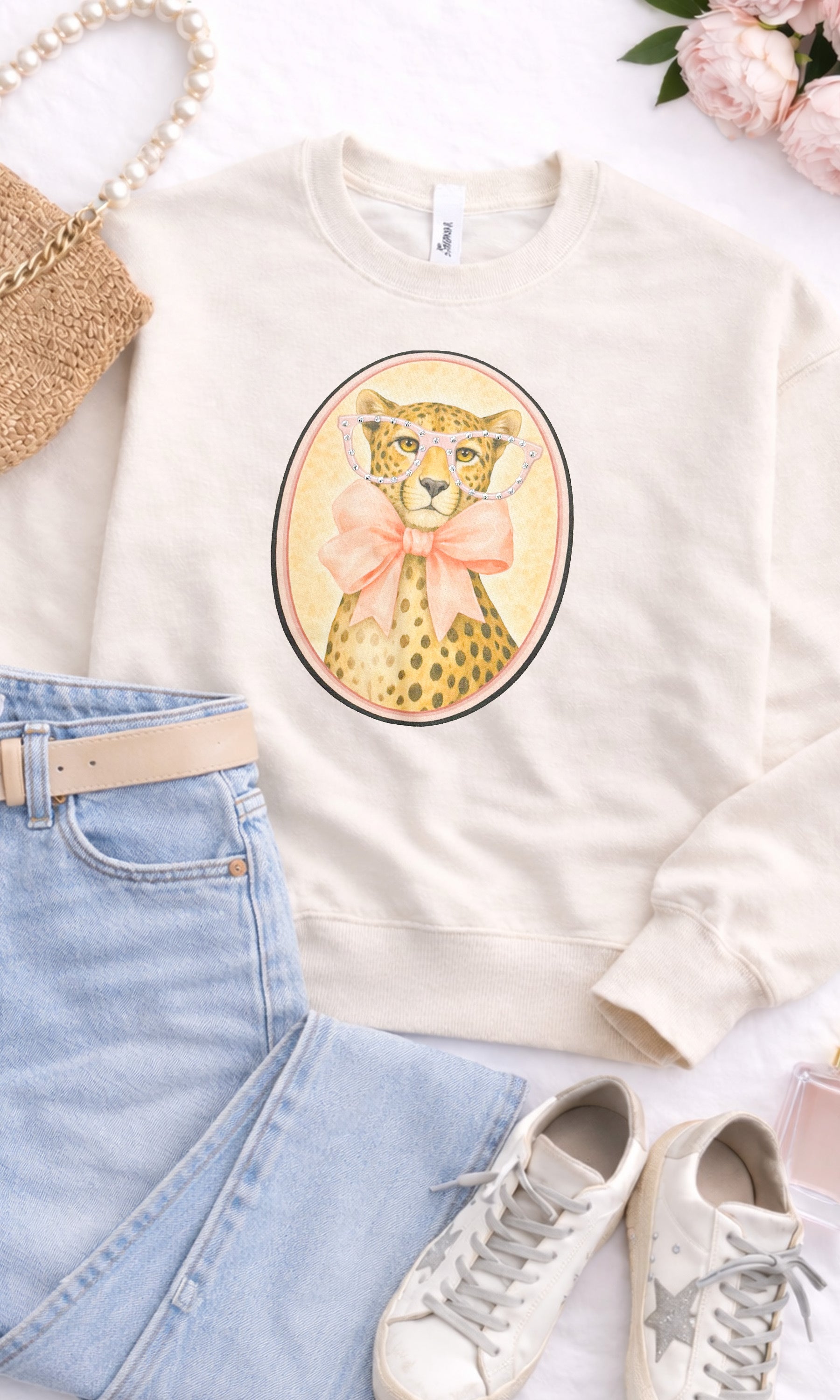 Cheetah with Rhinestone Specs Graphic Sweatshirt
